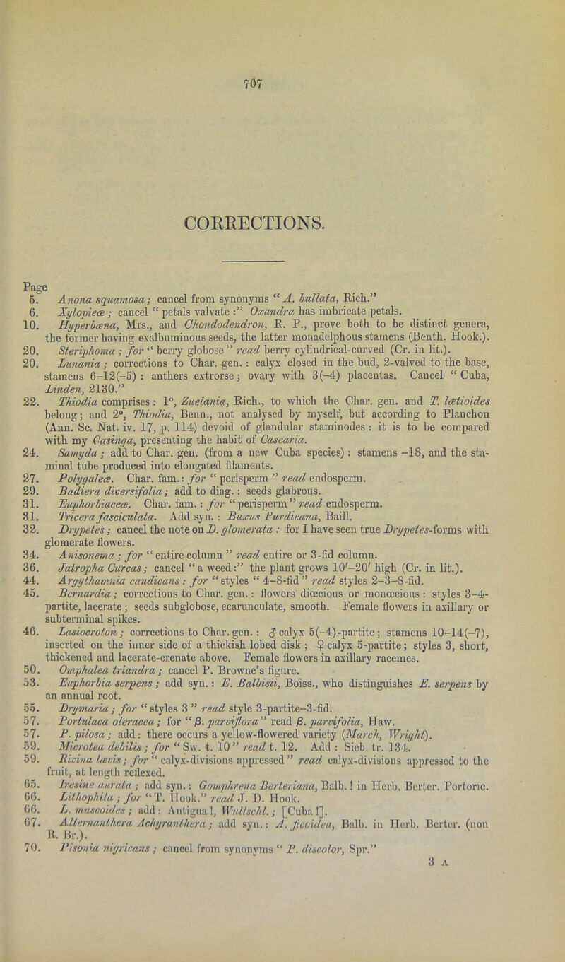 CORRECTIONS. Page 5. Anona squamosa; cancel from synonyms “A. bullata, Rich.’ 6. Xylopiece; cancel “ petals valvate Oxandra Las imbricate petals. 10. Hyperbcena, Mrs., and Chondodendron, R. P., prove both to be distinct genera, the former having exalbuminous seeds, the latter monadelphous stamens (Benth. Hoot.). 20. Steriphoma ; for “ berry globose ” read berry cylindrical-curved (Cr. in lit.). 20. Lunania; corrections to Char. gen.: calyx closed in the bud, 2-valved to the base, stamens 6-12 (-5) : anthers extrorse; ovary with 3 (-4) placentas. Cancel “Cuba, Linden, 2130.” 22. Thiodia comprises: 1°, Zuelania, Rich., to which the Char. gen. and T. latioides belong; and 2°, Thiodia, Benn., not analysed by myself, but according to Planchon (Ann. Sc. Nat. iv. 17, p. 114) devoid of glandular staminodes : it is to be compared with my Casinga, presenting the habit of Casearia. 24. Samyda ; add to Char. gen. (from a new Cuba species); stamens -18, and the sta- minal tube produced into elongated filaments. 27. Polygalece. Char. fam.: for “ perisperm ” read endosperm. 29. Badiera diversifolia; add to diag.: seeds glabrous. 31. Eupkorbiacece. Char. fam.: for “perisperm” read endosperm. 31. Tricera fasciculata. Add syn. : Buxus Purdieana, Baill. 32. Drypeies; cancel the note on D.glomerata: for I have seen true Drypeles-im\v& with glomerate flowers. 34. Anisonema-; for “ entire column ” read entire or 3-fid column. 36. Jatropha Curcas; cancel “ a weed:” the plant grows 10'-20' high (Cr. in lit.). 44. Argytliamnia candicans : for “styles “ 4-8-fid ” read styles 2-3-8-fid. 45. Bernardia; corrections to Char, gen.: flowers dioecious or monoecious: styles 3-4- partitc, lacerate; seeds subglobose, ecarunculate, smooth. Pemalc flowers in axillary or subterminal spikes. 46. Lasiocroton; corrections to Char. gen.: $ calyx 5(-4)-partite; stamens 10-14(-7), inserted on the inner side of a thickish lobed disk ; $ calyx 5-partite; styles 3, short, thickened and lacerate-crenate above. Female flowers in axillary racemes. 50. Omphalea triandra ; cancel P. Browne’s figure. 53. Euphorbia serpens; add syn.: E. Balbisii, Boiss., who distinguishes E. serpens by an annual root. 55. Erymaria; for “ styles 3 ” read style 3-partite-3-fid. 57. Bortidaca oleracea; for “ /3. paroijlora” read fi. parvifolia, Haw. 57. P.pilosa; add: there occurs a yellow-flowered variety {March, Wright). 59. Microlea debilis ; for “ Sw. t. 10 ” read t. 12. Add : Sieb. tr. 134. 59. Rivina hevis; for “ calyx-divisions appressed” read calyx-divisions appressed to the fruit, at length reflexed. 65. Iresine aural a ; add syn.: Gomphrena Berteriana, Bulb.! in Herb. Berter. Portonc. 66. Lithophila ; for “ T. Hook.” read J. D. Hook. 06. L.muscoides; add: Antigua 1, Wullschl.; [Cuba!]. 67. Altemanihera Achyranthera; add syn.: A. fi coidea, Balb. in Herb. Berter. (non R. Br.). 70. Pisonia nigricans; cancel from synonyms “ P. discolor, Spr.” 3 A