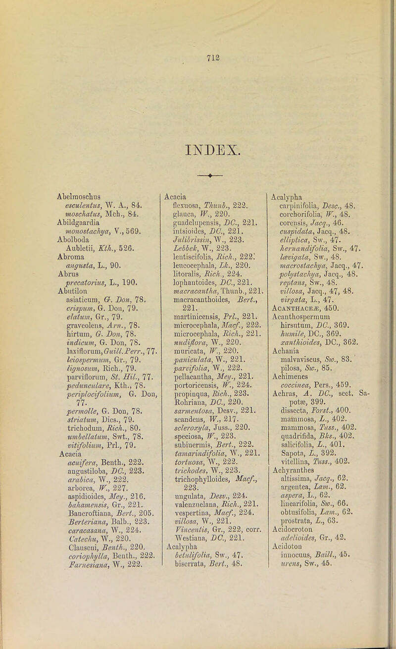 Abelmoschus esculentus, W. A., 84. moschatus, Mch., 84. Abildgaardia monostachya, V., 569. Abolboda Aubletii, Kth., 526. Abroma angusta, L., 90. Abrus precatorius, L., 190. Abutilon asiaticum, O. Don, 78, crispmn, G. Don, 79. elatum, Gr., 79. graveolens, Am., 78. hirtum, G. Don, 78. indicum, G. Don, 78. laxiflorum,Guilt. Derr., 77- leiospermum, Gr., 79. lignosum. Rich., 79. parvifiorum, St. Hit., 77. pedunculare, Kth., 78. periplocifolium, G. Don, 77. permolle, G. Don, 78. striatum. Dies., 79- trichodtim, Rich., SO. umhellalum, Swt., 78. vitifolium, Prl., 79. Acacia acuifera, Benth., 222. angustiloba, DC., 223. arabica, W., 222. arborea, JV., 227. aspidioides, Meg., 216. baliamensis, Gr., 221. Baneroftiana, Bert., 205. Berteriana, Balb., 223. caracasana, W., 224. Cateclm, W., 220. Clauseui, Bentli., 220. coriopliylla, Benth., 222. Farnesiana, W., 222. INDEX. —♦— Acacia flexuosa, Tliunb., 222. glauca, W., 220. guadelupensis, DC., 221. intsioides, DC., 221. Julibrissin, W., 223. Lebbek, W., 223. lentiscifolia, Rich., 222.' leucocephala, Lk., 220. litoralis. Rich., 224. lophantoides, DC., 221. macracantha, Thunb., 221. macracanthoides, Bert., 221. martinieeusis, Prl., 221. microcephala, Macf., 222. microcephala, Rich., 221. nudiflora, W., 220. mnricata, TV., 220. paniculata, W., 221. parvifolia, W., 222. pellacantha, Mey., 221. portoricensis, IF, 224. propinqua, Rich., 223. Rohriana, DC., 220. sarmentosa, Desv., 221. scandeus, W., 217- scleroxyla, Juss., 220. speciosa, W., 223. subiuermis, Bert., 222. tamarindifolia, W., 221. tortuosa, W., 222. trichodes, W., 223. trichophyUoides, Macf., 223. ungnlata, Desv., 224. valenznelana, Rich., 221. vespertina, Macf., 224. villosa, W., 221. Vincentis, Gr., 222, corr. Westiana, DC., 221. Acalypha betiilifolia, Sw., 47. biserrata, Bert., 48. Acalypha carpinifolia, Desc., 48. corchorifolia, IF., 48. corensis, Jacp, 46. cuspidata, Jacq., 48. elliptica, Sw., 47. heruandifolia, Sw., 47. Icevigata, Sw., 48. macrostachya, Jacq., 47. polystachya, Jacq., 48. reptans, Sw., 48. villosa, Jacq., 47, 48. virgata, L., 47. Acanthaceje, 450. Acanthosperra um hirsutum, DC., 369. humile, DC., 369. xanthioides, DC., 362. Achania malvaviscus, Sto., 83. pilosa, Sw., 85. Achimenes coccinea, Pers., 459. Achras, A. DC., sect. Sa- potaj, 399. dissecta, Forst., 400. matamosa, L., 402. manimosa, Tuss., 402. quadritida, Bks., 402. salicifolia, L., 401. Sapota, L., 392. vitellina, Tuss., 402. Achyranthes altissima, Jacq., 62. argentea, Lam., 62. aspera, L., 62. linearifolia, Sw., 66. obtusifolia, Lam., 62. prostrata, L., 63. Acidocroton adelioides, Gr., 42. Acidotou iuuocuus, Bail!., 45. wens, Sw., 45.