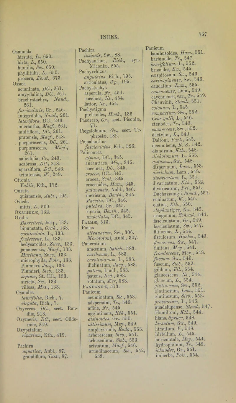 Osmunda hirsuta, L., 650. liirta, L., 650. hiunilis, Sw., 650. phyllitidis, L., 650. procera, Ford., 673. Osssea acuminata, DC., 261. amygdaline, DC., 261. brachystachys, Naud., 261. fasciculuris, Gr., 246. integrifolia, Naud., 261. lateriflora, DC., 246. mierautlia, Mac/., 261. multillora, DC., 261. pratensis, Mac/., 248. purpuraseens, DC., 261. purpurasccus, Mdcf., 261. salicifolia, Cr., 249. scabrosa, DC., 248. sparsiflora, DC., 246. trinitensis, IF., 249. Otlonia Vahlii, Kth., 172. Ourata guianensis, Aubl., 105. Ovieda mitis, L., 500. Oxaudejs, 132. Oxalis Barrelieri, Jacq., 133. bipunctata. Graft., 133. corniculata, L., 133. frulescens, L., 133. hedysaroides, Zucc., 133. jamaicensis, Mac/., 133. Mar liana, Zucc., 133. microphylla, Poir., 133. Plumieri, Jacq., 133. Plumieri, Sieb., 133. septum, St. llil., 133. stricta, Sw., 133. villosa, Mrs., 133. Oxandra laurifolia. Rich., 7. virgata, Rich., 7- Oxyecros, DC., sect. Ran- dia!, 218. Oxymcris, DC., sect. Ciide- mue, 249. Oxypetalum riparium, Kth., 419. Pachira aquatica, Aubl., 87. grandiflora, 'Puss., 87. Pachira insignis, Sw., 88. Pachyauthus, Rich., syn. Mieoniae, 255. Pacliyrrhizus angulatus, Rich., 195. articulatus, Wp., 195. Pachystachys asperula, Ns., 454. coccinea. Ns., 454. latior, Ns., 454. Pachystigma pteleoides, Hook., 136. Pacurero, Gr., sect. Pisoniae, 71. Pcegalobium, Gr., sect. Te- phrosice, 182. Peepalanthus fasciculatus, Kth., 526. Palicourea a/pina, DC., 345. aurantiaca, Miq., 345. coccinea, DC., 345. crocea, DC., 345. crocea, Schl., 345. croceoides, Ham., 345. guianensis, Aubl., 346. mexicana, Benth., 345. Pavetta, DC., 346. pulchra, Gr., 345. riparia, Benth., 345. umbellata, DC., 345. Palmaj), 513. Panax attenuaium, Sw., 306. Morolotoni, Aubl., 307. Pancratium amoenum, Salisb., 583. caribceum, L., 583. carolinianum, L., 583. diclinatuin, Jacq., 583. patens, Lindl., 583. patens, Red., 583. rotatum, Ker, 583. PANDANEAi, 513. Panicum acuminatum, Sw., 553. adspersum, Tr., 546. affine, Ns., 545. agglutinans, Kth., 551. alsinoides, Gr., 550. altissimum, Mey., 549. amplexicaulc, R/tdg., 553. arborescens, Sieb., 551. arbusculum, Sieb., 553. aristatum, Mac/., 546. arundinaceum, Sw., 552, 553. Panicum bambusoides, Ham., 551. barbiuode, Tr., 547. brevifolium, L., 552. brizoides, Sw., 545. ccespitosum, Sw., 546. carthaginetise, Sw.,^546. caudatdm, Lam., 555. cagennense, Lam., 549. cayeunense, var., 21/., 549. Chauvinii, Steud., 551. colonum, L., 545. compactum,'Svt., 552. Crus-ga/li, L., 546. ctenodes, Tr., 549. cganescens, Sw., 552. dactylou, L., 540. Daltoni, Pari., 545. decumbeus, R. S., 542. diandrnm, Kth., 548. dicholomum, L., 553. diffusum, Sw., 548. dispermum, Lam., 553. dislichwn, Lam., 548. divaricatum, L., 551. divaricatum, Kth., 552. divaricatum, Prl., 551. Duchassaingii, Steud., 55 I. echinatum, IF., 546. elatius, Kth., 550. elephantipes, Ns., 549. eriogonurn, Schrad., 544. fasciculatum, Gr., 549. fasciculatum, Sw., 547- filiforme, L., 544. fistulosum, Hochst., 549. flavescens, Sw., 547. fluitans, Meg , 541. frondescens, Mey., 548. fuscum, Sw., 546. fuscum, Sieb., 552. gibbuin, Ell., 554. glaucesceus, Ns., 544. glaucum, L., 554. g/utinosum, Sw., 552. glutinosum, Lam., 551. glutiuosum, Sieb., 552. grossarium, L., 546. guadelupense, Steud., 547- ilamiltoni, Kth., 544. Ilians, Spruce, 548. hirsutum, Sw., 549. hirsutum, V., 548. hirtellum, L., 545. horizontale, Meg., 544. hydrophiluin, Tr., 548. ichnodes, Gr., 551. imberbe, Voir., 554.