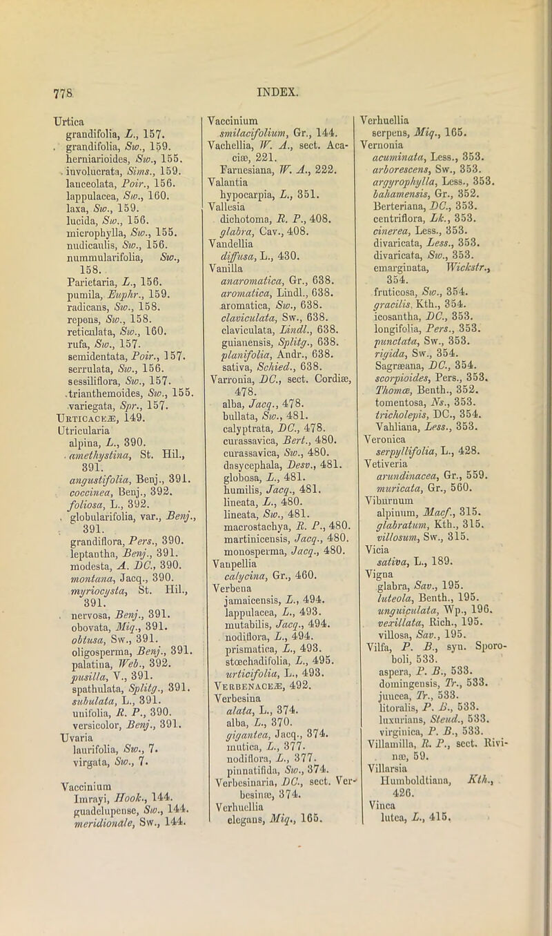 Urtica grandifolia, L., 157. . grandifolia, Sw., 159. herniarioides, Sw., 155. . involucrata, Sims., 159. lauceolata, Poir., 156. lappulacea, Sw., 160. laxa, Sw., 159. lucida, Sw., 156. inicrophylla, Sw., 155. nudicaulis, Sw., 156. nummularifolia, Sw., 158. Parietaria, L., 156. pumila, Euphr., 159. radicans, Siv., 158. repons, Sw., 158. reticulata, Sw., 160. rufa, Sw., 157. semidentata, Poir., 157. serrulata, Sw., 156. sessiliflora, Sw., 157. .trianthemoides, Sw., 155. variegata, Spr., 157. UiiTiCACK-as, 149. Utricularia alpina, L., 390. . amethystine/,, St. Hil., 391. angustifolia, Benj., 391. coccinea, Benj., 392. foliosa, L., 392. . globularifolia, var., Benj., 391. grandiflora, Pers., 390. leptantha, Benj., 391. modesta, A. DC., 390. montana, Jacq., 390. myriocysla, St. Hil., 391. . nervosa, Benj., 391. obovata, Miq., 391. obtusa, Sw., 391. oligosperma, Benj., 391. palatina, Web., 392. pusilta, V., 391. spathulata, Splitg., 391. subulata, L., 391. utiifolia, R. P., 390. versicolor, Benj., 891. Uvaria laurifolia, Sw., 7. virgala, Sw., 7. Vaccinium Iinrayi, Uoolc., 144. guadelupeiiBC, Sw., 144. meridionale, Sw., 144. Vaccinium smilacifolium, Gr., 144. Vachellia, W. A., sect. Aca- cieo, 221. Farnesiana, W. A., 222. Valantia bypocarpia, L., 351. Vallesia dichotoma, R. P., 408. glabra, Cav., 408. Vandellia diffusa, L., 430. Vanilla anaromatica, Gr., 638. aromatica, Lindl., 638. aromatica, Sw., 638. claviculata, Sw., 638. claviculata, Lindt., 638. guianensis, Splitg., 638. planifolia, Andr., 638. sativa, Scliied., 638. Varronia, DC., sect. Cordite, 478. alba, Jacq., 478. bullata, Sw., 481. calyptrata, DC., 478. curassavica, Bert., 480. curassavica, Sw., 480. dasycephala, Desv., 481. globosa, L., 481. humilis, Jacq., 481. lineata, L., 480. lineata, Sw., 481. macrostacbya, R. P-, 480. martinicensis, Jacq., 480. monosperma, Jacq., 480. Vaupellia calycina, Gr., 460. Verbena jamaicensis, L., 494. lappulacea, L., 493. mutabilis, Jacq., 494. noditlora, L., 494. prismatica, L., 493. stoechadifolia, L., 495. urticifolia, L., 493. VERBENACIiiE, 492. Verbesina alata, L., 374. alba, L., 370. gigantea, Jacq., 374. mutica, L., 377- nodiflora, L., 377. pinnatiflda, Sw., 374. Verbesinaria, DC., sect. Ver-’ besince, 374. Verhuellia elegaus, Miq,, 165. Verhuellia serpens, Miq., 165. Vernonia acuminata, Less., 353. arborescens, Sw., 353. argyrophylla. Less., 353. bahamensis, Gr., 352. Berteriana, DC., 353. centriflora, Lk., 353. cinerea, Less., 353. divaricata, Less., 353. divaricata, Sw., 353. emarginata, Wickstr., 354. fruticosa, Sw., 354. gracilis. Kth., 354. icosantha, DC., 353. longifolia, Pers., 353. punctata, Sw., 353. riyida, Sw., 354. Sagrseana, DC., 354. scorpioides, Pers., 353. Thomas, Benth., 352. tomentosa, Ns., 353. tricholepis, DC., 354. Vahliana, Less., 353. Veronica serpy/lifolia, L., 428. Vetiveria arundinacea, Gr., 559. muricata, Gr., 560. Viburnum alpiuum, Mac/., 315. glabratum, Kth., 315. viltosum, Sw., 315. Vicia sativa, L., 189. Vigna glabra, Sav., 195. luteo/a, Benth., 195. unguiculata, Wp., 196. venllata. Rich., 195. villosa, Sav., 195. Vilfa, P. B., syn. Sporo- boli, 533. aspera, P. B., 533. domingensis, Tr., 533. juucea, Tr., 533. litoralis, P. B., 533. luxurians, Stead., 533. virginica, P. B., 533. Villamilla, R. P., sect. Rivi- nce, 59. Villarsia Ilumboldtiana, Kth., 426. Vinca lutea, L., 415.