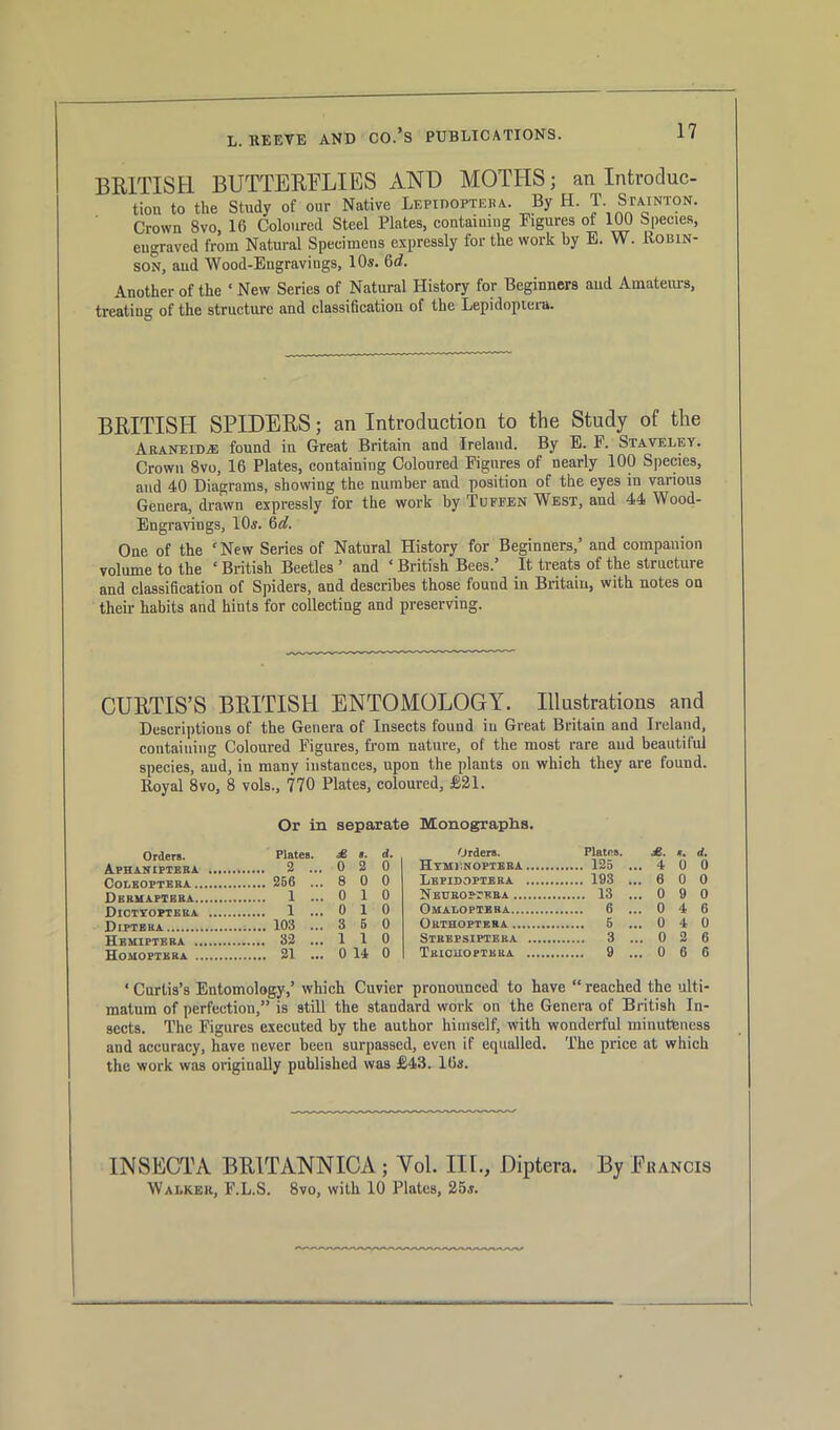 BRITISH BUTTERFLIES AND MOTHS; an Introduc- tion to the Study of our Native Lepidoptera. By H. T Sainton. Crown 8vo, 1(5 Coloured Steel Plates, containing Figures of 100 Species, engraved from Natural Specimens expressly for the work by E. W. Robin- son, and Wood-Engravings, 10s. 6d. Another of the ‘ New Series of Natural History for Beginners and Amateurs, treating of the structure and classification of the Lepidopiera. BRITISH SPIDERS; an Introduction to the Study of the Araneid.® found in Great Britain and Ireland. By E. F. Staveley. Crown 8vo, 16 Plates, containing Coloured Figures of nearly 100 Species, and 40 Diagrams, showing the number and position of the eyes in various Genera, drawn expressly for the work by Tuffen West, and 44 Wood- Engravings, 10s. 6d. One of the ‘New Series of Natural History for Beginners,’ and companion volume to the ‘ British Beetles ’ and ‘ British Bees.’ It treats of the structure and classification of Spiders, and describes those found in Britain, with notes on their habits and hints for collecting and preserving. CURTIS’S BRITISH ENTOMOLOGY. Illustrations and Descriptions of the Genera of Insects found in Great Britain and Ireland, containing Coloured Figures, from nature, of the most rare and beautiful species, and, in many instances, upon the plants on which they are found. Royal 8vo, 8 vols., 770 Plates, coloured, £21. Or in separate Monographs. Plates. £ 8. d. Orders. Plates. £. *. d. Aphanipteba 2 ... 0 2 0 Hymi.nopteba . 4 0 0 COLEOPTEBA 256 ... 8 0 0 Lepidopteba . 6 0 0 Debmapteba 1 ... 0 1 0 Neueoppera 13 . . 0 9 0 Dictyopteea 1 ... 0 1 0 Omaloptbba 6 . . 0 4 6 103 ... 3 5 0 Obthopteba 5 . . 0 4 0 Hemiptera 32 ... 1 1 0 Strepsiptera 3 . . o 2 6 Homoftkra 21 ... 0 14 0 Teiouoptera 9 . . 0 6 6 ‘ Curtis’s Entomology,’ which Cuvier pronounced to have “ reached the ulti- matum of perfection,” is still the standard work on the Genera of British In- sects. The Figures executed by the author himself, with wonderful minuteness and accuracy, have never been surpassed, even if equalled. The price at which the work was originally published was £43. 16s. 1NSECTA BR1TANNICA; Yol. III., Diptera. By Ehancis Walker, F.L.S. 8vo, with 10 Plates, 25s.