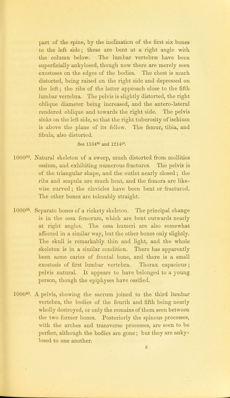 part of the spine, b}' the inclination of the first six bones to the left side; these are bent at a right angle with the column below. The lumbar vertebra have been superficially ankylosed, though now there are merely seen exostoses on the edges of the bodies. The chest is much distorted, being raised on the right side and depressed on the left; the ribs of the latter approach close to the fifth lumbar vertebra. The pelvis is slightly distorted, the right oblique diameter being increased, and the antero-lateral rendered oblique and towards the right side. The pelvis sinks on the left side, so that the right tuberosity of ischium is above the plane of its fellow. The femur, tibia, and fibula, also distorted. See llS^o and 121420. 1000^^. Natural skeleton of a sweep, much distorted from moUities ossium, and exhibiting numerous fractures. The pelvis is of the triangular shape, and the outlet nearly closed; the ribs and scapula are much bent, and the femora are like- wise curved; the clavicles have been bent or fractured. The other bones are tolerably straight. 1000^. Separate bones of a rickety skeleton. The principal change is in the ossa femorum, which are bent outwards nearly at right angles. The ossa humeri are also somewhat affected in a similar way, but the other bones only slightly. The skull is remarkably thin and light, and the whole skeleton is in a similar condition. There has apparently been some caries of frontal bone, and there is a small exostosis of first lumbar vertebra. Thorax capacious ; pelvis natural. It appears to have belonged to a young person, though the epiphyses have ossified. 1000*''. A pelvis, showing the sacrum joined to the third lumbar vertebra, the bodies of the fourth and fifth being nearly wholly destroyed, or only the remains of them seen between the two former bones. Posteriorly the spinous processes, with the arches and transverse processes, are seen to be perfect, although the bodies are gone; but they are anky- losed to one another. 8