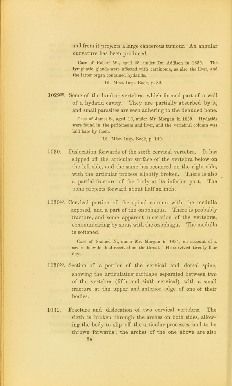 and from it projects a large cancerous tumour. An angular curvature has been produced. Case of Robert W., aged 28, under Dr. Addison in 1839. The lymphatic glands were affected with carcinoma, as also the liver, and the latter organ contained hydatids. 16. Misc. Insp. Book, p. 82. 1029^''. Some of the lumbar vertebras wbicli formed part of a wall of a hydatid cavity. They are partially absorbed by it, and small parasites are seen adhering to the denuded bone. Case of James S., aged 16, under Mr. Morgan in 1839. Hydatids were found in the peritoneum and liver, and the vertebral column was laid bare by them. 16. Misc. Insp. Boole, p. 149. 1030. Dislocation forwards of the sixth cervical vertebra. It has slipped oif the articixlar surface of the vertebra below on the left side, and the same has occurred on the right side, with the articular process slightly broken. There is also a partial fracture of the body at its inferior part. The bone projects forward about half an inch. 1030*°. Cervical portion of the spinal column with the medulla exposed, and a part of the oesophagus. There is probably fracture, and some apparent ulceration of the vertebrae, communicating by sinus with the oesophagus. The medulla is softened. Case of Samuel N., under Mr. Morgan in 1831, on account of a severe blow he had received on the throat. He survived twenty-four days. 1030^. Section of a portion of the cervical and dorsal spine, showing the articulating cartilage separated between two of the vertebr£e (fifth and sixth cervical), with a small fracture at the upper and anterior edge of one of their bodies. 1031. Fracture and dislocation of two cervical vertebrse. The sixth is broken through the arches on both sides, allow- ing the body to slip off the articular processes, and to be thrown forwards ; the arches of the one above are also