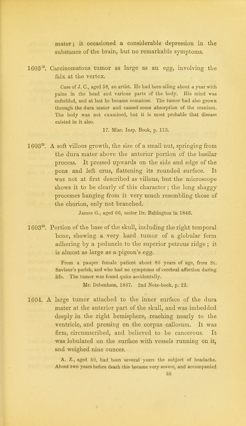 mater; it occasioned a considerable depression in the substance of the bx-ain, but no remarkable symptoms. 1603'^. Carcinomatous tumor as large as an egg, involving the fulx at the vertex. Case of J. C, aged. 58, an artist. He had been ailing about a year with pains in the head and various parts of the body. His mind was enfeebled, and at last he became comatose. The tumor had also grown through the dura mater and caused some absorption of the cranium. The body was not examined, but it is most probable that disease existed in it also. 17. Misc. Insp. Book, p. 113. 1603'*. A soft villous growth, the size of a small nut, springing from the dura mater above the anterior portion of the basilar process. It pressed upwards on the side and edge of the pons and left crus, flattening its rounded surface. It was not at first described as villous, but the microscope shows it to be clearly of this character; the long shaggy processes hanging from it very much resembling those of the chorion, only not branched. James G., aged 66, under Dr. Babington in 1846. 1603*. Portion of the base of the skull, including the right temporal bone, showing a very hard tumor of a globular form adhering by a peduncle to the superior petrous ridge ; it is almost as large as a pigeon's egg. From a pauper female patient about 80 years of age, from St. Saviour's parish, and who had no symptoms of cerebral affection during life. The tumor was found quite accidentally. Mr. Debenham, 1837. 2nd Note-book, p. 22. 1604. A large tumor attached to the inner surface of the dura mater at the anterior part of the skull, and was imbedded deeply in the right hemisphere, reaching nearly to the ventricle, and pressing on the corpus callosum. It was firm, circumscribed, and believed to be cancerous. It was lobulated on the surface with vessels running on it, and weighed nine ounces. A. Z., aged 60, had been several years the subject of headache. About two years before death this became very severe, and accompanied ■So