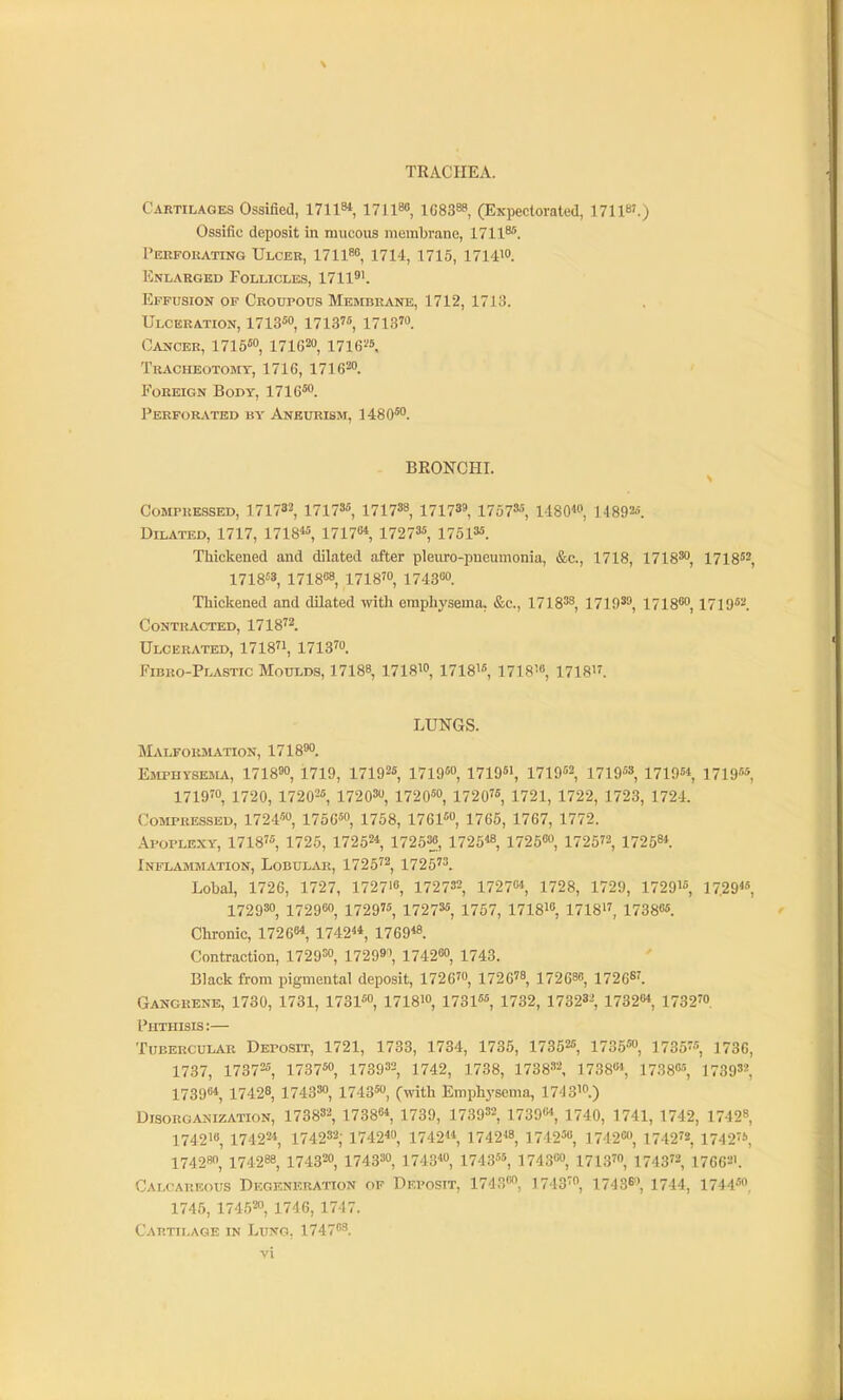 TRACHEA. Cartilages Ossified, 1711« ITIIS*, 1G8388, (Expectorated, 17118'.) Ossific deposit in mucous membrane, 1711^. I'ERFORATIKG Ulceb, 1711™, 1714, 1715, 1714'. Enlarged Follicles, 17119'. Effusion of Croupous Membrane, 1712, 1713. Ulceration, 1713*0, 171376^ 1718'» Cancer, 1715'', 171620, 1716'''5. Tracheotosit, 1716, 1716^0. Foreign Body, 1716*o_ Perforated by Aneurism, 1480™. BEONCHI. Compressed, 171782, 17173, 171788^ 171738, 1757^ nso^o, 1.1892». Dilated, 1717, 1718«, 17178* 172735, 1751M. Thickened and dilated after pleuro-pneumonia, &c., 1718, 1718^0, 171852, 1718«3, 171808 1718'0, 1743«o. Thickened and dilated with emphysema. &c., 171838 17193» 171800,1719« Contracted, 171872. Ulcerated, 1718,1713™ Fibbo-Plastic Moulds, 17188, 1718^0^ 1718', 1718''«, 1718''. LUNGS. Malformation, 171800. Emphysesls 1718«o, 1719, 17192«, 1719«o, 1719, 1719«2, I719«s, 17195* 1719« 1719^0, 1720, 172025, 17203, 1720-50, 1720, 1721, 1722, 1723, 1724. Compressed, 1724-50, 175050, 1753, 176150, 1765, 1767, 1772. Apoplexy, 1718, 1725, 17252* 1725^, 1725« 172500, 172572, 17258*. Inflammation, Lobular, 1725^2, 1725'3. Lobal, 1726, 1727, 1727i«, 172732, 17270*, 1728, 1729, 172915, i729« 172930, 172900, 1729'5, 172735, 1757, 1718'b, 1718'', 173805. Chronic, 1726«, 1742, 1769*8. Contraction, 1729=0, 17299'), 174200, 1743. Black from pigmental deposit, 1726™, 1726™, 172688, 1726*'. Gangrene, 1730, 1731, 173150, 17I810, 173155, 1732, 17323^, 17320*, 173270 Phthisis :— Tubercular Deposit, 1721, 1733, 1734, 1735, 17352s, 173550, 173575 173(5^ 1737, 173725, 173750, 173932 1742, 1738, 173832, 17380* i7380.'i, 173982 17390* 17428, 174330, 174350, c^ith Emphysema, 174310.) Disorganization, 173832, 1738«*, 1739, 173932, 17390*, 1740, 1741, 1742, 17428 1742'8, 17422*, 174232; 1742*0, 17421*, 1742*8, 174250, 174260, 1742, 1742, 174280, 174288, 174320, 174330, i743« 174355, 174300, 1713™, 1743'2, 17662'. Calcareous Degeneration of Deposit, 1743, 1743™, 17436, 1744, 174450 1745, 174520, 1746, 1747. Cartilage in Lung, 174708.