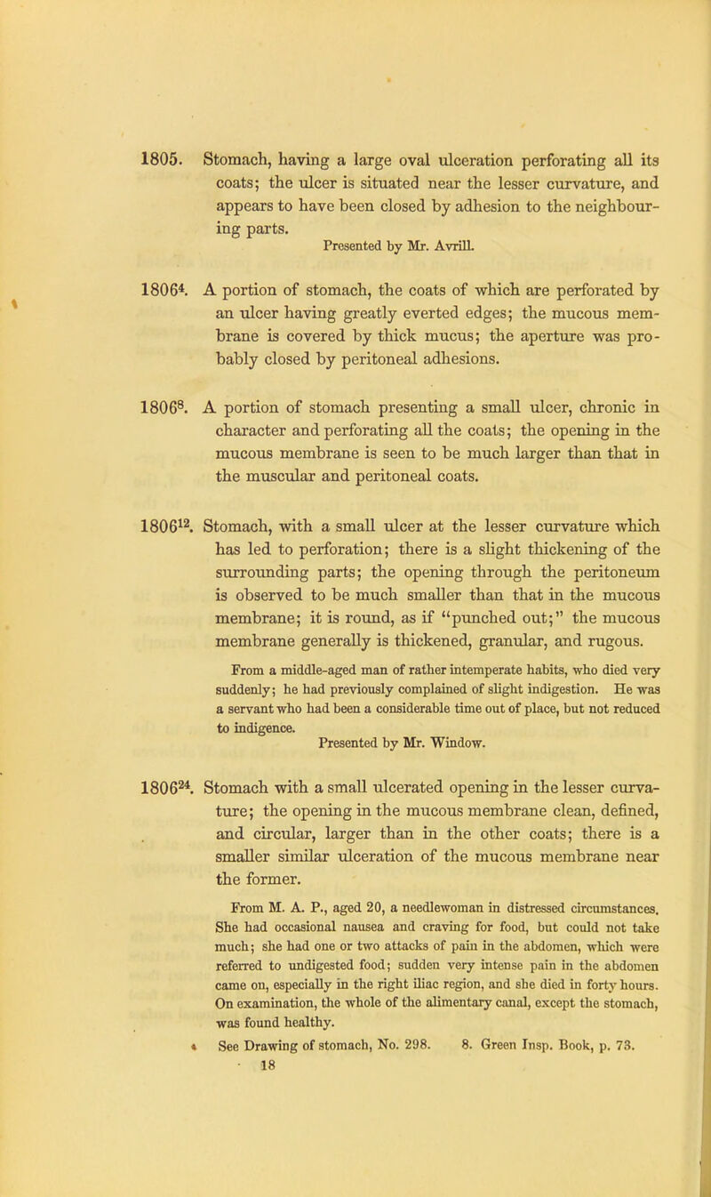 1805. Stomach, having a large oval ulceration perforating all its coats; the ulcer is situated near the lesser curvature, and appears to have been closed by adhesion to the neighbour- ing parts. Presented by Mr. Avrill. 1806*. A portion of stomach, the coats of which are perforated by an ulcer having greatly everted edges; the mucous mem- brane is covered by thick mucus; the aperture was pro- bably closed by peritoneal adhesions. 1806^. A portion of stomach presenting a small ulcer, chronic in character and perforating aU. the coats; the openiug in the mucous membrane is seen to be much larger than that in the muscular and peritoneal coats. 1806^^. Stomach, with a small ulcer at the lesser curvature which has led to perforation; there is a slight thickening of the surrounding parts; the opening through the peritoneum is observed to be much smaller than that in the mucous membrane; it is round, as if punched out; the mucous membrane generally is thickened, granular, and rugous. From a middle-aged man of rather intemperate habits, who died very suddenly; he had previously complained of slight indigestion. He was a servant who had been a considerable time out of place, but not reduced to indigence. Presented by Mr. Window. 1806^*. Stomach with a small ulcerated opening in the lesser curva- tuie; the opening in the mucous membrane clean, defined, and circular, larger than in the other coats; there is a smaller similar ulceration of the mucous membrane near the former. From M. A. P., aged 20, a needlewoman in distressed circumstances. She had occasional nausea and craving for food, but could not take much; she had one or two attacks of pain in the abdomen, wliich were referred to undigested food; sudden very intense pain in the abdomen came on, especially in the right Uiac region, and she died in forty hours. On examination, the whole of the alimentary canal, except the stomach, was found healthy. ♦ See Drawing of stomach, No. 298. 8. Green Insp. Book, p. 73.