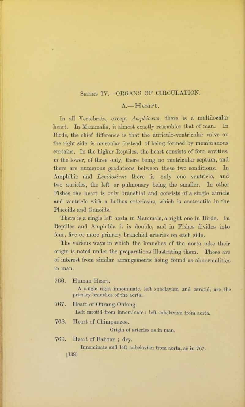 Series IV.—ORGANS OF CIRCULATION. A.—Heart. In all Vertebrata, except Amphio.vus, there is a multilocular heart. In Mammalia, it almost exactly resembles that of man. In Birds, the chief difference is that the auriculo-ventricular valve on the right side is muscular instead of being formed by membranous curtains. In the higher Reptiles, the heart consists of four cavities, in the lower, of three only, there being no ventricular septum, and there are numerous gradations between these two conditions. In Amphibia and Lepidosiren there is only one ventricle, and two auricles, the left or pulmonary being the smaller. In other Fishes the heart is only branchial and consists of a single auricle and ventricle with a bulbus arteriosus, which is contractile in the Placoids and Ganoids. There is a single left aorta in Mammals, a right one in Birds. In Reptiles and Amphibia it is double, and in Fishes divides into four, five or more primary branchial arteries on each side. The various ways in which the branches of the aorta take their origin is noted under the preparations illustrating them. These are of interest from similar arrangements being found as abnormalities in man. 7C0. Human Heart. A single right innominate, left siibclaviau and carotid, are the primary branches of the aorta. 7G7. Heart of Ourang-Outang. Left carotid from innominate : left subclavian from aorta. 768. Heart of Chimpanzee. Origin of arteries as in man. 769. Heart of Baboon ; dry. Innominate and left siibclavian from aorta, as in 767. [138]