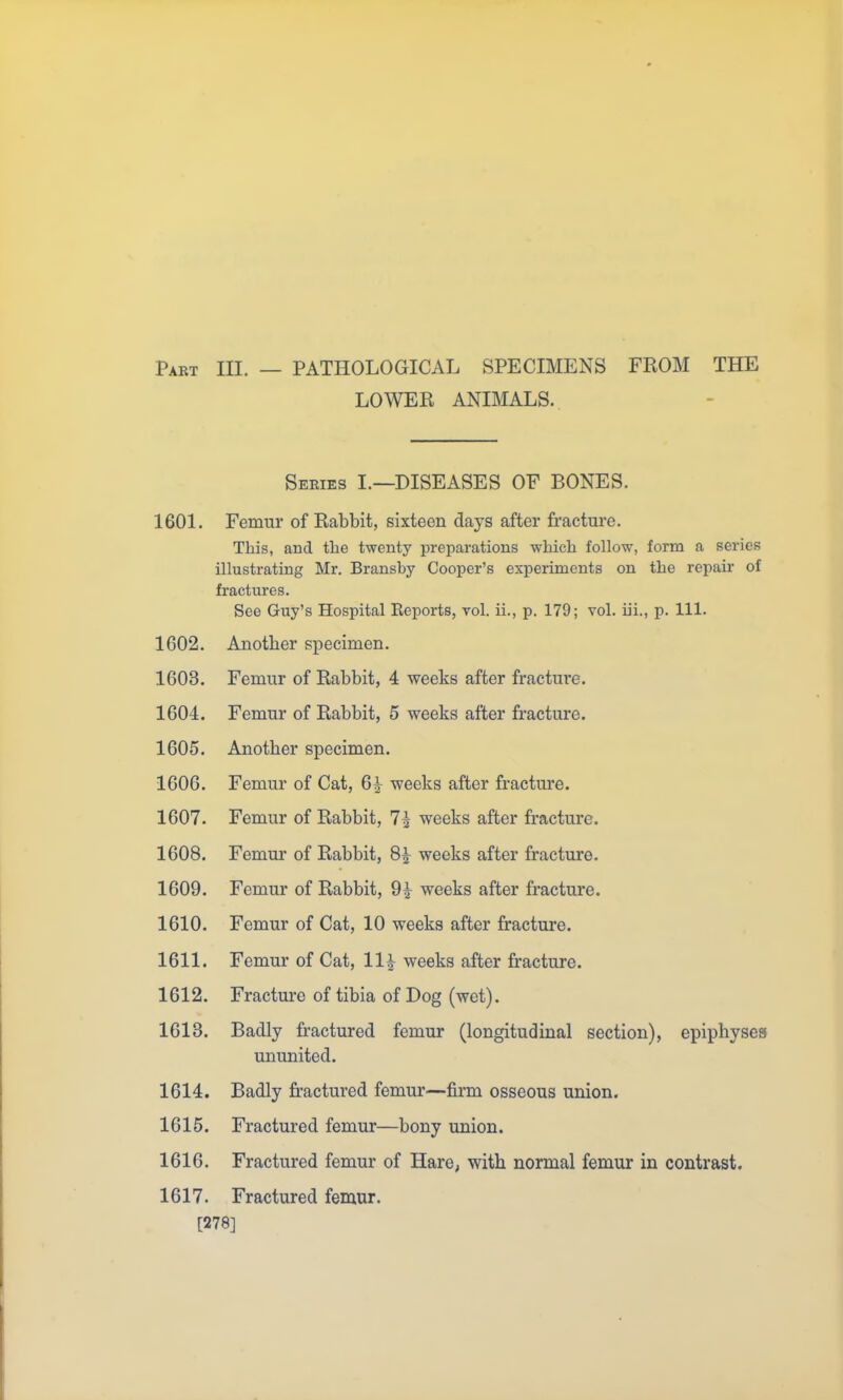 Part III. — PATHOLOGICAL SPECIMENS FROM THE LOWER ANIMALS. Series I.—DISEASES OF BONES. 1601. Femur of Rabbit, sixteen days after fracture. This, and the twenty i^reparations which follow, form a series illustrating Mr. Bransby Cooper's experiments on the repair of fractures. See Guy's Hospital Reports, vol. ii., p. 179; vol. iii., p. 111. 1602. Another specimen. 1603. Femur of Rabbit, 4 weeks after fracture. 1604. Femur of Rabbit, 5 weeks after fracture. 1605. Another specimen. 1606. Femur of Cat, 6h weeks after fractm'e. 1607. Femur of Rabbit, 7^ weeks after fracture. 1608. Femur of Rabbit, 8^ weeks after fracture. 1609. Femur of Rabbit, 9^ weeks after fracture. 1610. Femur of Cat, 10 weeks after fracture. 1611. Femur of Cat, 11^ weeks after fracture. 1612. Fracture of tibia of Dog (wet). 1613. Badly fractured femur (longitudinal section), epiphyses ununited. 1614. Badly fractured femur—firm osseous union. 1615. Fractured femur—bony union. 1616. Fractured femur of Hare, with normal femur in contrast. 1617. Fractured femur. [278]