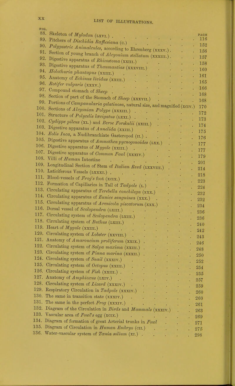 LIST OP ILLUSTRATIONS. PIG, 88. 89. 90. 91. 92. 93. 94. 95. 96. 9r. 98. 99. 100. 101. 102. 103. 104. 105. 106. lor. 108. 109. 110. 111. 112. 113. 114. 115. 116. nr. 118. 119. 120. 121. 122. 123. 124. 125. 126. 12r. 128. 129. 130. 131. 132. 133. 134. 135. 136. Skeleton of Mylodon (lxvi.) . Pitchers of i)iWac?m TJa^mama (o.) Polygastric Animalcules, according to Ehrenberg (xxxv ) bection of yonng branch oi Alcyonmm stellatum (xxxiii) ■Uigestive apparatus of Rhizostoma (xxiii.) Digestive apparatus of Thaumantias (xxxvni.) Holothuria phantapus (xxiii.) Anatomy of ^c/wMMs ZmtZMs (xxiii.) Rotifer vulgaris (xxxv.) Compound stomach of Sheep .... Section of part of the Stomach of Sheep (xxxvii.) Portions of Campanularia gelatinosa, natural size, and magnified i Sections of Alcyonian Polype (xxxiii.) Structure of Poly cells Icevigatus (lxxi.) Cydippe pileus (xl.) and Beroe Forskalii (xxiii.) Digestive apparatus oi Amielida (xxiii.) Bolis Inca, a Nudibranchiate Gasteropod (ii.) . Digestive apparatus of Ammotheapycnogonoides (lxx.) Digestive apparatus of iJ/y^afe (xxiii.) Digestive apparatus of Common Fowl (xxxiv.) VilU of Human Intestine .... Longitudinal Section of Stem of Italian Reed (lxxviii.) Laticiferous Vessels (lxxxi.) .... Blood-vessels of Frog's foot (xcix.) Formation of CapiUaries in TaU of Tadpole (l.) Circulating apparatus of Terebella conchilega (xxx.) Circulating apparatus of Eunice sanguinea (xxx.) Circulating apparatus of Arenicola piscatorum (xxx. Dorsal vessel of Seolopendra (lxiii.) Circulating system of Seolopendra (lxih.) Circulating system oi Buthus (lxiii.) Heartof ifygraZe (xxiii.) .... Circulating system of ZoSsier (xxviii.) Anatomy of Amarouciumproliferum (xxix.) . Circulating system of Sal2:)a maxima (xxiii.) . Circulating system of Pinna marina (xxxii.) . Circulating system of Snail (xxxiv.) Circulating system of Octopus (xxiii.) Circulating system of ii'w^ (xxm.) . Anatomy of Amphioxios (lxiv.) Circulating system of Lizard (xxxiv.) Respiratory Circulation in Tadpole (xxxiv.) The sam6 in transition state (xxxiv.) The same in the perfect Frog (xxxiv.) . Diagram of the Circulation in Birds and Mammals ( Vascular area of Fowl's egg (xoix.) Diagram of formation of great Arterial trunks in Foiol Diagram of Circidation in Human Emhryo {on.) Water-vascular system of Tmnia solium (xi.) . XXXIT