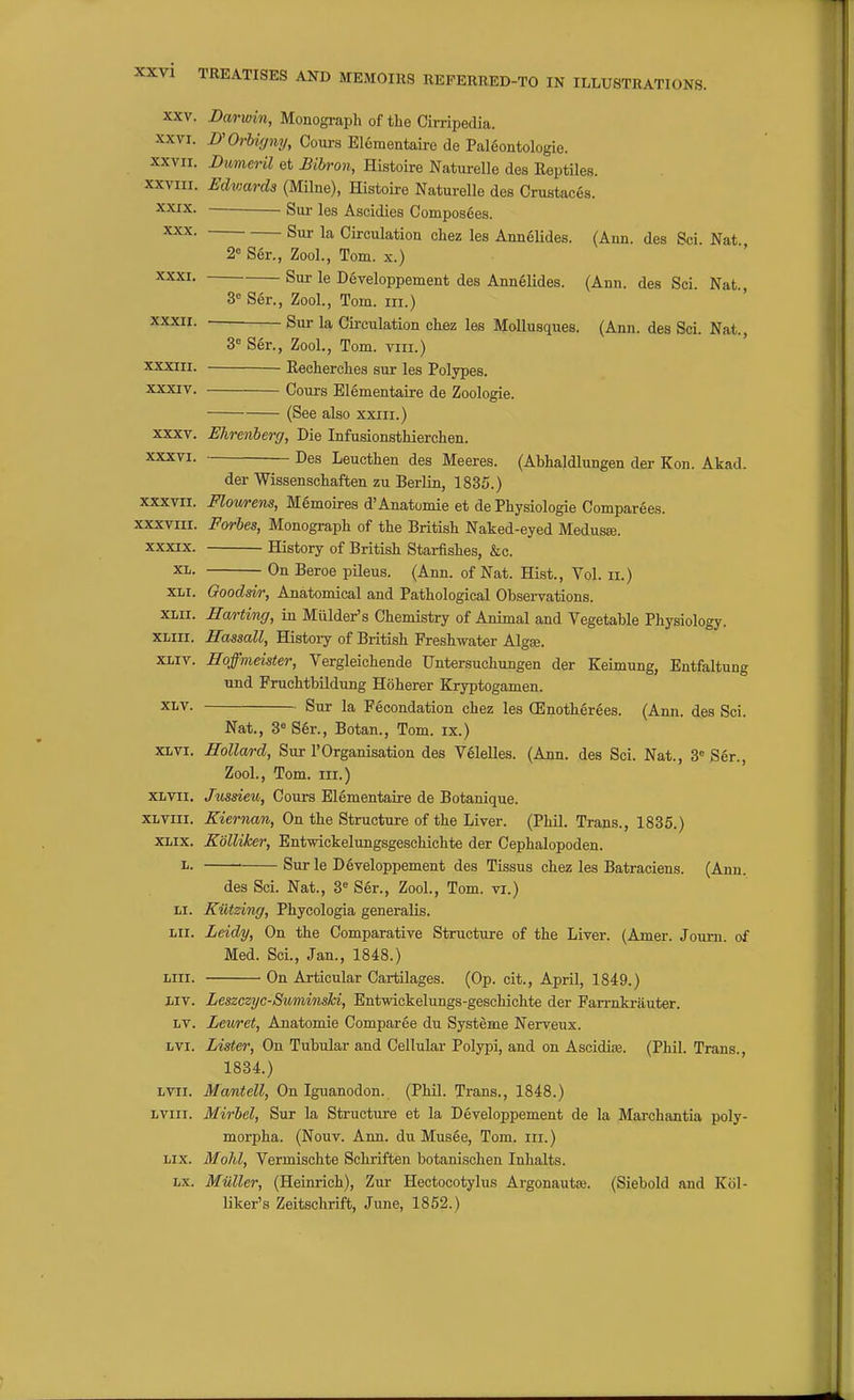 XXV. Darwin, Monograph of the Cirripedia. XXVI. D'OrUgny, Cours Elementaire de Paldontologie. XXVII. Dumeril et Bibron, Histoire Naturelle des Reptiles. XXVIII. Edwards (MUne), Histoire Naturelle des Crustaces. XXIX. Sur las Ascidies Composees. XXX- Sur la Circulation chez les Annelides. (Ann. des Sci. Nat 2 Ser., Zool., Tom. x.) XXXI. Sur le Developpement des Annelides. (Ann. des Sci Nat 3« S6r., Zool., Tom. in.) ' XXXII. Sur la Circulation chez les Mollusques. (Ann. des Sci. Nat 3 Ser., Zool., Tom. viii.) XXXIII. Recherches sur les Polypes. XXXIV. Cours Elementaire de Zoologie. (See also xxiii.) XXXV. Ehrenberg, Die Infusionsthierchen. XXXVI. Des Leucthen des Meeres. (Abhaldlungen der Kon. Akad. der Wissenschaften zu Berlin, 1835.) XXXVII. Flour6713, Memoires d'Anatomic et de Physiologic Comparees. XXXVIII. Forbes, Monograph of the British Naked-eyed Medusae. XXXIX. History of British Starfishes, &c. XL- On Beroe pileus. (Ann. of Nat. Hist., Vol. ii.) XLi. Goodsi/r, Anatomical and Pathological Obsei-vations. XLii. HartiTig, in Mulder's Chemistry of Animal and Vegetable Physiology. XLiii. Hassall, Histoi-y of British Freshwater Alga. XLiv. Hoffmeister, Vergleichende Untersuchungen der Keimung, Entfaltung und Pruchtbildung Hoherer Kryptogamen. XLV. Sur la Pecondation chez les (Enotherees. (Ann. des Sci. Nat., 3° S6r., Botan., Tom. ix.) XLVI. Bollard, Sur I'Organisation des V^lelles. (Ann. des Sci. Nat., 3' Ser., Zool., Tom. III.) XLVII. Jmsieu, Cours Elementaire de Botanique. XLVHI. Kiernan, On the Structure of the Liver. (PhU. Trans., 1835.) XLix. Kdlliker, Entwickelungsgeschichte der Cephalopoden. ^- Siir le D6veloppement des Tissus chez les Batraciens. (Ann. des Sci. Nat., 3 Ser., Zool., Tom. vi.) LI. Kiitzing, Phycologia generalis. Lii. Leidy, On the Comparative Structure of the Liver. (Amer. Joum. of Med. Sci., Jan., 1848.) Liii. ■ On Articular Cartilages. (Op. cit., April, 1849.) liiv. Leszczyc-SiiminsJci, Entwickelungs-geschichte der Farrnkrauter. Lv. Lewret, Anatomic Comparee du Systeme Nerveux. Lvi. Lister, On Tubular and Cellular Polypi, and on Ascidise. (Phil. Trans., 1834.) LVii. Mantcll, On Iguanodon. (Phil. Trans., 1848.) LViii. Mirhel, Sur la Structure et la Developpement de la Marchantia poly- morpha. (Nouv. Ann. du Musee, Tom. in.) Lix. Mohl, Vermischte Schriften botanischen Inhalts. Lx. Miiller, (Heinrich), Zur Hectocotylus Argonauts. (Siebold and Kol- liker's Zeitschrift, June, 1852.)