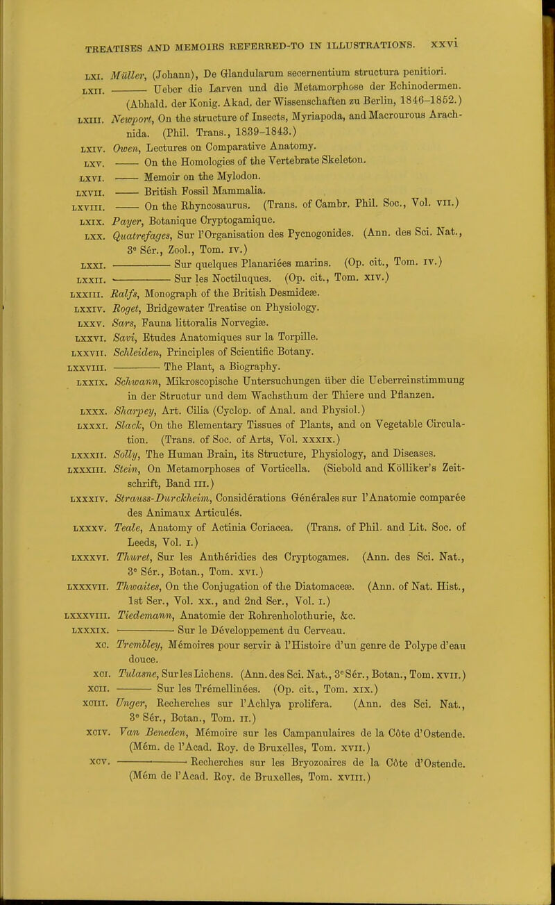 LXi. Mailer, (Johann), De Glaadularum secernentiura structura penitiori. i^xii. Ueber die Larven und die Metamorphose der Echinodermen. (Abliald. der Konig. Akad. der Wissenschaften zu Berlin, 1846-1852.) Lxin. Newport, On the structure of Insects, Myriapoda, and Macrourous Arach- nida. (Phil. Trans., 1839-1843.) LXiv. Owen, Lectures on Comparative Anatomy. i,xv. On the Homologies of the Vertebrate Skeleton. Lxvi. Memoir on the Mylodon. Lxvii. British Fossil Mammalia. Lxviii. On the Rhyncosaurus. (Trans, of Cambr. Phil. Soc, Vol. vii.) LXix. Payer, Botanique Cryptogamique. Lxx. Qiiatrefages, Sur I'Organisation des Pycnogonides. (Ann. des Sci. Nat., 3° Ser., Zool., Tom. iv.) ixxi. Sur quelques Planariees marins. (Op. cit., Tom. iv.) Lxxii. Sur les NoctUuques. (Op. cit., Tom. xiv.) i/Xxiii. Ralfs, Monograph of the British Desmideffi. Lxxiv. Roget, Bridgewater Treatise on Physiology. Lxxv. Sa/i's, Fauna littoralia Norvegise. iixxvi. Savi, Etudes Anatomiques sur la Torpille. Lxxvii. Schleiden, Principles of Scientific Botany. liXXViii. The Plant, a Biography. Lxxix. Schwann, Mikroscopische Untersuchungen iiber die Ueberreinstimmung in der Structur und dem Wachsthum der Thiere und Pflanzen. Lxxx. Sharpen, Art. CUia (Cyclop, of Anal, and Physiol.) Lxxxi. SlacTc, On the Elementary Tissues of Plants, and on Vegetable Circula- tion. (Trans, of Soc. of Arts, Vol. xxxix.) Lxxxii. Solly, The Human Brain, its Structure, Physiology, and Diseases, ixxxiii. Stein, On Metamorphoses of Vorticella. (Siebold and Kolliker's Zeit- schrift. Band iii.) Lxxxiv. Strauss-Durchheim, Considerations GenSrales sur I'Anatomie comparee des Animaux Articules. iiXXXT. Teale, Anatomy of Actinia Coriacea. (Trans, of Phil, and Lit. Soc. of Leeds, Vol. i.) Lxxxvi. Thuret, Sur les Antheridies des Cryptogames. (Ann. des Sci. Nat., 3° Ser., Botan., Tom. xvi.) LxxxTii. Thwaites, On the Conjugation of the Diatomaceas. (Ann. of Nat. Hist., 1st Ser., Vol. xx., and 2nd Ser., Vol. i.) Lxxxviii. Tiedemann, Anatomic der Rohrenholothurie, &c. Lxxxix. ■ Sur le Developpement du Cei-veau. xc. Tremhley, Memoires pour servir I'Histoire d'un genre de Polype d'eau douce. xoi. Tulame, Sur les Lichens. (Ann. des Sci. Nat., 3*S6r., Botan., Tom. xvii.) xcii. Sur les Trimellinees. (Op. cit., Tom. xix.) xoin. Unger, Recherches sur I'Achlya prolifera. (Ann. des Sci. Nat., 3 Ser., Botan., Tom. ii.) xoiv. Vam Beneden, Memorre sur les Campanulaires de la C6te d'Ostende. (Mem. de I'Acad. Roy. de Bruxelles, Tom. xvii.) xov. ■ Recherches sur les Bryozoaires de la C6te d'Ostende. (M6m de I'Acad. Roy. de Bruxelles, Tom. xviii.)