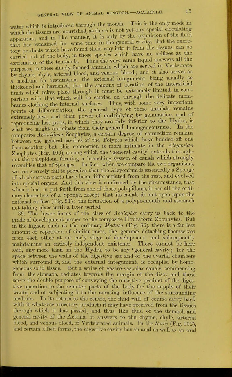 water which is introduced thimigh the mouth. This is the only mode m which the tissues axe noimshed, as there is not yet any special circulatmg r^naratus- and in like manner, it is only by the expulsion of the fluid S has i-em'ined for some time in the general cavity, that the excre- tory products which have found their way into it from the tissues, can be carried out of the body, in those species which have no orifices at the extremities of the tentacula. Thus the very same hquid answers aU the piu-poses, in these simply-formed animals, which are served m Yertebrata by chyme, chyle, arterial blood, and venous blood; and it also serves as a medium for respii-ation, the external integ-ument being usually so thickened and hardened, that the amount of aeration of the interstitial fluids which takes place through it must be extremely limited, m com- parison mth that which wUl be carried on through the delicate mem- branes clothing the internal surfaces. Thus, with some very important points of diff'erentiation, the general type of these animals remam.s extremely low; and their power of multiplying by gemmation, and of reproducing lost parts, in which they are only inferior to the Hydra, is what we might anticipate from their general homogeneousness. In the composite Actmiform Zoophytes, a certain degree of connection remains between the general cavities of the Polypes which have budded-ofi one from another; but this connection is more ultimate in the Alcyonian Zoophytes (Fig. 100), among which the 'general cavity' extends through- out the polypidom, forming a branching system of canals which strongly resembles that of Sponges. In fact, when we compare the two organisms, we can scarcely fail to perceive that the Alcyonium is essentially a Sponge of which certain parts have been difierentiated from the rest, and evolved into special organs. And this .view is confixmed by the circumstance, that when a bud is put forth from one of those polypidoms, it has all the ordi- naiy characters of a Sponge, except that its canals do not open upon the external surface (Fig. 91); the formation of a polype-mouth and stomach not taking place until a later period. 39. The lower forms of the class of Acalephce, carry us back to the gi-ade of development proper to the composite Hydraform Zoophytes. But in the higher, such as the ordinary Medusa (Fig. 36), there is a far less amount of repetition of similar parts, the gemmte detaching themselves from each other at an early stage of development, and subsequently maintaining an entirely independent existence. There cannot be here said, any more than in the Hydra, to be any ' general cavityfor the space between the walls of the digestive sac and of the ovarial chambers which surround it, and the external integument, is occupied by homo- geneous solid tissue. But a series of gastro-vascular canals, commencing from the stomach, radiates towards the margin of the disc; and these serve the double purpose of conveying the nutritive product of the diges- tive operation to the remoter parts of the body for the supply of their wants, and of subjecting it to the aerating influence of the surrounding medium. In its return to the centre, the fluid will of course carry back with it whatever excretory products it may have received from the tissues through which it has passed; and thus, like fluid of the stomach and general cavity of the Actinia, it answers to the chyme, chyle, arterial blood, and venous blood, of Vertebrated animals. In the Beroe (Fig. 102), and certain allied forms, the digestive cavity has an anal as well as an oral