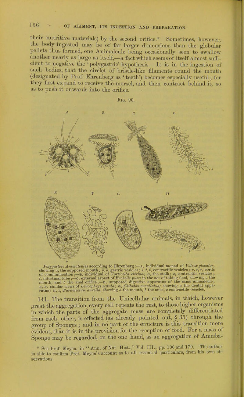 ]5G their nutritive materials) by the second orifice.* Sometimes, however, the body ingested may be of far larger dimensions than the globular pellets thus formed, one Animalcule being occasionally seen to swallow another ncai-ly as large as itself,—a fact which seems of itself almost suffi- cient to negative the ' polygastric' hypothesis. It is in the ingestion of such bodies, that the circlet of bristle-like filaments round the moutli (designated by Prof. Elu-enberg as ' teeth') becomes especially useful; for they first expand to receive the morsel, and then contract behind it, so as to push it onwards into the orifice. Fig. 90. ■A B 0 u Foli/gastric Animaleules according to Ehrenberg:—a, individual monad of Volvox globaior, showing a, the supposed mouth; 6, b, gastric vesicles; s, t, t, contractile vesicles; r, r, r, cords of communication;—B, individual of Voriicella citrina; a, the stalk; e, contractile vesicles; t, intestinal tube;—c, external aspect otMnchelis pupa in the act of talnng food, showing a the mouth, and b the anal orifice;—D, supposed digestive apparatus of the same animalcule; E, F, BimUsT \ievia o{ Leucophrys patula; Q, Cliilodon oucullulus; showing a the dental appa- ratus; H, I, Pairamecium aiireUa, showing a the mouth, b the anus, » contractile vesicles. 141. The transition from the UnicelMai- animals, in which, however great the aggregation, every cell repeats the rest, to those liigher organisms in which the parts of the aggi'egate mass are completely difierentiated from each other, is efifected (as already pointed out, § 35) through the group of Sponges ; and in no part of the structure is this transition more evident, than it is in the provision for the reception of food. For a mass of Sponge may be regarded, on the one hand, as an aggregation of Amceba- * See Prof. Meyen, in  Ann. of Nat. Hist., Vol. III., pp. 100 and 170. The author is able to confirm Prof. Meyen's account as to all essential particulars, from his own ob- servations.