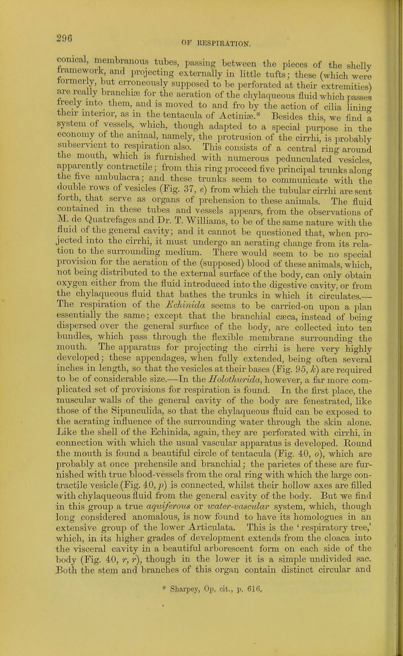 OP UESPIRATION. conical, membranous tubes, passing between the pieces of the sliellv tramework, and projecting externally in Uttle tufts; these (which were lormer y, but eironeously supposed to be perforated at their extremities) ^•e really branchite for the aeration of the chylaqueous fluid which passes treely into them, and is moved to and fro by the action of cilia lining their mtenor, as m the tentacula of Actiniae * Besides this, we find a system of vessels, which, thougli adapted to a special purpose in the economy of the animal, namely, the protrusion of the cii-rhi, is probably subservient to respiration also. This consists of a central ring around the mouth, which is furnished with numerous pedunculated vesicles apparently contractile; from this ring proceed five principal tinmks along the five ambulacra; and these trunks seem to communicate with the double rows of vesicles (Fig. 37, e) from which the tubular cirrH are sent forth, that serve as organs of prehension to these animals. The fluid contained in these tubes and vessels appears, from the observations of M. de Quatrefages and Dr. T. WUliams, to be of the same nature with the fluid of the general cavity; and it cannot be questioned that, when pro- jected into the cirrhi, it must undergo an aerating change from its rela- tion to the surrounding medium. There would seem to be no special provision for the aeration of the (supposed) blood of these animals, which, not being distributed to the external surface of the body, can only obtain oxygen either from the fluid introduced into the digestive cavity, or from the chylaqueous fluid that bathes the trunks in which it circulates. The respiration of the Echinida seems to be carried-on upon a plan essentially the same; except that the branchial c£eca, instead of being dispersed over the general sui-face of the body, are collected into ten bundles, which pass through the flexible membrane surrounding the mouth. The apparatus for projecting the cirrhi is here very highly developed; these appendages, when fully extended, being often several inches in length, so that the vesicles at their bases (Fig. 95, h) are requii-ed to be of considerable size.—In the Eolothwrida, however, a far more com- plicated set of provisions for respiration is found. In the first place, the muscular walls of the general cavity of the body are fenestrated, like those of the Sipunculida, so that the chylaqueous fluid can be exposed to the aerating influence of the surrounding water through the skin alone. Like the shell of the Echinida, again, they are perforated with ciiThi, in connection with which the usual vascular apparatus is developed. Round the mouth is found a beautiful circle of tentacula (Fig. 40, o), which are probably at once prehensile and branchial; the parietes of these are fiu- nished with true blood-vessels from the oral ring with wliich the large con- tractile vesicle (Fig. 40, is connected, whilst their hollow axes are filled with chylaqueous fluid from the general cavity of the body. But we find in this group a true aquiferous or water-vascula/)- system, which, though long considered anomalous, is now found to have its homologues in an extensive group of the lower Articulata. This is the ' respiratory tree,' which, in its higher grades of development extends from the cloaca into the visceral cavity in a beautiful arborescent form on each side of the body (Fig. 40, r, r), though in the lower it is a simple undivided sac. Both the stem and branches of this organ contain distinct circular and