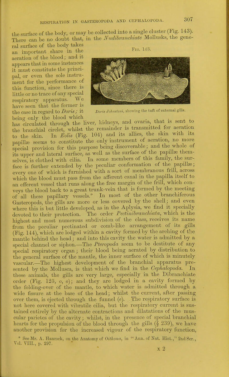 RESPIRATION IN GASTEROPODA AND CEPHALOPODA. Fig. 143. tlie surface of the body, or may be collected into a single cluster (Fig. 143). There can be no doubt that, in the NudihrancMate Mollusks, the gene- ral surface of the body takes an important share in the aeration of the blood; and it appeai-s that in some instances it must constitute the princi- pal, or even the sole instru- ment for the performance of this function, since there is little or no trace of any special resjiiratory apparatus. We have seen that the former is the case in regard to Doris ; it Voris Johnsioni, showing the tuft of external giUs. beiii^ only the blood which . xi . • j. ^ has cii-culated through the liver, kidneys, and ovaria, that is sent to the branchial circlet, whilst the remainder is transmitted for aeration to the sHn. In £olis (Fig. 104) and its allies, the skm with its papillc^ seems to constitute the only instrument of aeration, no more special provision for this purpose being discoverable; and the whole of its upper and lateral surface, as well as the surface of the papillse them- selves, is clothed with cilia. In some members of this family, the sur- face is further extended by the peculiar conformation of the papillae; eveiy one of wlrich is furnished with a sort of membranous frill, across which the blood must pass from the afferent canal in the papUla itself to an efferent vessel that runs along the free margin of the frill, which con- veys the blood back to a great trunk-vein that is formed by the meeting of aU these papillary vessels. In most of the other branchiferous Gasteropods, the gills are more or less covered by the shell; and even where this is but little developed, as in the Aplysia, we find it speciaUy devoted to their protection. The order Pectinibranchiata, which is the highest and most numerous subdivision of the class, receives its name from the peculiar pectinated or comb-lilte arrangement of its giUs (Fig. 144), which are lodged within a cavity formed by the arching of the mantle beliind the head; and into this cavity the water is admitted by a special channel or siphon.—The Fteropoda seem to be destitute of any special respiratory organ • then- blood being aerated by distribution to the general surface of the mantle, the inner siu-face of which is minutely vascular.—The highest develo^jment of the branchial apparatus pre- sented by the MoUusca, is that which we find in the Ce^jJialopoda. In these animals, the gills are very large, especially in the Dibranchiate order (Fig. 125, o, o); and they are lodged in a cavity formed by the folding-over of the mantle, to which water is admitted through a wide fissure at the base of the head; whilst the current, after passing over them, is ejected through the funnel (e). The respiratory surface is not here covered with vibratile cilia, but the respii-atory current is sus- tained entirely by the alternate contractions and dilatations of the mus- cular parietes of the caAdty; whilst, in the presence of special branchial heaiiis for the propulsion of the blood through the gills (§ 239), we have another provision for the increased vigour of the respiratory function, * See Mr. A. Hancock, on the Anatomy of Oithona, in Ann. of Nat. Hist., 2nd Ser., Vol. VIII., p. 297. X 2