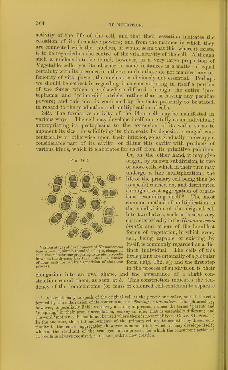 OF NUTRITION. activity of the life of the cell, and that their cessation indicates the cessation of its formative powers; and from the manner in which they are connected with the ' nucleus,' it would seem that this, where it exists, is to be regarded as the centre of the vital activity of the cell. Although such a nucleus is to be found, however, in a very large proportion of Vegetable cells, yet its absence in some instances is a matter of equal certainty with its presence in others; and as these do not manifest any in- feriority of vital power, the nucleus is obviously not essential. Perhaps we should be correct in regarding it as concentrating in itself a portion of the forces which are elsewhere diflPused through the entire 'pro- toplasma' and ' primordial utricle,' rather than as having any peculiar powers; and this idea is confirmed by the facts presently to be stated, in regard to the production and multiplication of cells. 349. The formative activity of the Plant-cell may be manifested in various ways. The cell may develope itself more fully as an individual; appropriating its protoplasma to the extension of its walls, so as to augment its size; or solidifying its thin coats by deposits arranged con- centrically or otherwise upon their interior, so as gradually to occupy a considerable part of its cavity; or filling this cavity with products of various kinds, which it elaborates for itself from its primitive pabulum. Or, on the other hand, it may give Fig. 162. origin, by its own subdivision, to two or more cells, which in their turn may undergo a like multiplication; the life of the primary cell being thus (so to speak) carried on, and distributed through a vast aggregation of organ- isms resembling itself* The most common method of multiplication is the subdivision of the original cell into two halves, such as is seen very characteristically in the Hcematococcus binalis and others of the humblest forms of vegetation, in wliich every cell, being ca2:)able of existing by itself, is commonly regarded as a dis- tinct individual. The cells of this t°^tZntl%ti%:'^::^^ ^^^^^ Pl^.^* ^^e origlnaUy of a globular of four cells formed by a repetition of the same form (Fig. 162, a); and the fil'st step in the process of subdivision is theii- elongation into an oval shape, and the appearance of a slight con- striction round them, as seen at b. This constriction indicates the ten- dency of the ' endochrome' (or mass of coloured cell-contents) to separate * It is customary to speak of the original cell as the parent or mother, and of the cells formed by the subdivision of its contents as the offspHng or daughters. This phraseology, however, is peculiarly liable to convey a wrong impression; since the terms ' parent' and 'offspring,' in their proper acceptation, convey an idea that is essentially different; and the word ' mother-cell' should not be used where there is no sexuality (see Chap. XI., Sect. 1.) In the one case, the vital endowments of the primary cell are transmitted by direct con- tinuity to the entire aggregation (however numerous) iato which it may develope itself; whereas the resultant of the true generative process, for which the conctirrent action of two cells is always required, is (so to speak) a new creation. Various stages of development o£M<smatococcus binalis:—a, a, simple rounded cells ; b, elongated