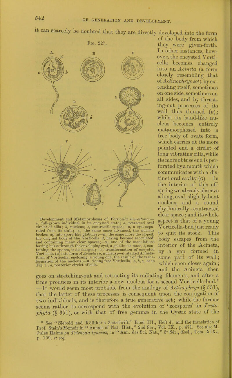 OP GENERATION AND DEVELOPJIENT. it can scarcely be doubted that tbey are directly developed into the form of the body from which they were given-forth. In other instances, how- ever, the encysted Voi-ti- cella becomes changed into an Acineta (a form closely resembling that of A ctinojjhrys sol), by ex- tending itself, sometimes on one side, sometimes on all sides, and by thriLst- ing-out processes of its wall thus thinned (f); whilst its band-like nu- cleus becomes entirely metamorphosed into a free body of ovate form, which carries at its more pointed end a circlet of long vibrating cUia, while its more obtuse end is per- forated by a mouth which communicates with a dis- tinct oral cavity (g). In the interior of this off- spring we already observe a long, oval, slightly-bent nucleus, and a round rhythmically - contracted clear space; and its whole aspect is that of a young Vorticella-bud just ready to quit its stock. This body escapes from the interior of the Acineta, by a gap formed in some jDart of its wall; which soon closes again; and the Acineta then goes on stretching-out and retracting its radiating filaments, and after a time produces in its interior a new nucleus for a second Yorticella-bud.* —It would seem most probable from the analogy oi Actinoi)hrys (§531), that the latter of these processes is consequent upon the conjugation of two individuals, and is therefore a true generative act; while the former seems rather to correspond with the evolution of 'zoospores' in Proto- phyta (§ 351), or with that of free gemmae in the Cystic state of the * See Siebold and Kolliker's Zeitschriffc, Band III., Heft 4; and the translation of Prof. Stem's Memoir in Annals of Nat. Hist., 2nd Ser., Vol. IX., p. 471. See alsoM. Jules Hainie on Trichoda lynceus, in Ann. des Sci. Nat., 3 Ser., Zool., Tom. XIX., p. 109, et seq. DeTelopment and Metamorphoses of Vorticella microstoma:— A, full-grown individual in its encysted state; a, retracted oval cii'clet of cUia; h, nucleus; e, contractile space;—B, a cyst sepa- rated from its stalk;—c, the same more advanced, the nucleus broken-up into spore-like globules;—D, the same more developed, the original body of the Vorticella, d, having become sacculated, and containing many clear spaces;—e, one of the sacculations having burst through the enveloping cyst, a gelatinous mass, e, con- taining the spores, is discharged;—p, transformation of encysted Vorticella (b) into form of 4eine<a; b, nucleus;—G, stalked Acineta- form of Vorticella, enclosing a young one, the result of the trans- formation of the nucleus;—H, y^oung free Vorticella; a, b, c, as in rig. 1; g, posterior circlet of cilia.