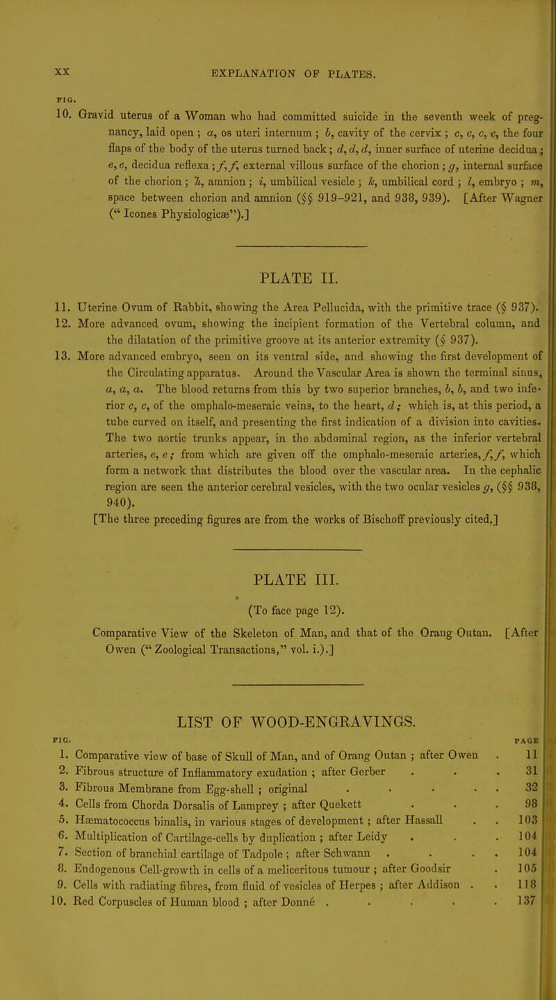 EXPLANATION OP PLATES. riG. 10. Gravid uterus of a Woman who had committed suicide in the seventh week of preg- nancy, laid open ; a, os uteri internum ; 6, cavity of the cervix ; c, c, c, c, the four flaps of the body of the uterus turned back; d, d, d, inner surface of uterine decidual e,e, decidua reflexa external villous surface of the chorion; g, internal sur&ce of the chorion ; It, amnion ; i, umbilical vesicle ; k, umbilical cord ; I, embryo ; m, space between chorion and amnion {§§ 919-921, and 938, 939). [After Wagner ( Icones Physiologicae).] PLATE II. 11. Uterine Ovum of Rabbit, showing the Area Pellucida, with the primitive trace ($ 937). 12. More advanced ovum, showing the incipient formation of the Vertebral column, and the dilatation of the primitive groove at its anterior extremity {§ 937). 13. More advfinced embryo, seen on its ventral side, and showing the first development of the Circulating apparatus. Around the Vascular Area is shown the terminal sinus, a, a, a. The blood returns from this by two superior branches, b, h, and two infe- rior c, c, of the omphalo-meseraic veins, to the heart, d; which is, at this period, a tube curved on itself, and presenting the first indication of a division into cavities. The two aortic trunks appear, in the abdominal region, as the inferior vertebral arteries, e, e; from which are given off the omphalo-meseraic arteries,/^/, which form a network that distributes the blood over the vascular area. In the cephalic region are seen the anterior cerebral vesicles, with the two ocular vesicles g, (§§ 938, 940). [The three preceding figures are from the works of Bischoff previously cited,] PLATE III. (To face page 12). Comparative View of the Skeleton of Man, and that of the Orang Outan. [After Owen (Zoological Transactions, vol. i.).] LIST OF WOOD-ENGKAVINGS. PIG. PAGE 1. Comparative view of base of Skull of Man, and of Orang Outan ; after Owen . II 2. Fibrous structure of Inflammatory exudation ; after Gerber . . .31 3. Fibrous Membrane from Egg-shell ; original . . • . . 32 4. Cells from Chorda Dorsalis of Lamprey ; after Quekett . . .98 5. I-Isematococcus binalis, in various stages of development; after Hassall . . 103 6. Multiplication of Cartilage-cells by duplication ; after Leidy . . .104 7. Section of branchial cartilage of Tadpole; after Schwann . . . . 104 8. Endogenous Cell-growth in cells of a meliceritous tumour ; after Goodsir . 105 9. Cells with radiating fibres, from fluid of vesicles of Herpes ; after Addison . . 118 10. Red Corpuscles of Human blood ; after Donn6 . . . . .137