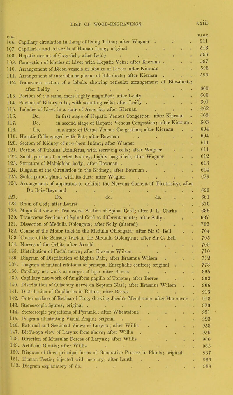 FIG. 106. Capillary circulation in Lung of living Triton; after Wagner . 1Q7. Capillaries and Air-cells of Human Lung; original 108. Hepatic caecum of Cray-fish; after Leidy .... 109. Connection of lobules of Liver with Hepatic Vein; after Kiernan . 110. Arrangement of Blood-vessels in lobules of Liver; after Kiernan 111. Arrangement of interlobular plexus of Bile-ducts; after Kiernan . 112. Transverse section of a lobule, showing reticular aiTangement of Bile-ducts after Leidy . . . . . . 113. Portion of the same, more highly magnified; after Leidy 114. Portion of Biliary tube, with secreting cells; after Leidy . 115. Lobules of Liver in a state of Anaemia; after Kiernan 116. Do. in first stage of Hepatic Venous Congestion; after Kiernan 117. Do. in second stage of Hepatic Venous Congestion; after Kiernan 118. Do. in a state of Portal Venous Congestion; after Kiernan 119. Hepatic Cells gorged with Fat; after Bowman 120. Section of Kidney of new-born Infant; after Wagner 121. Portion of Tubulus Uriniferus, with secreting cells; after Wagner 122. Small portion of injected Kidney, highly magnified; after Wagner 123. Structure of Malpighian body; after Bowman .... 124. Diagram of the Circulation in the Kidney; after Bowman . 125. Sudoriparous gland, with its duct; after Wagner 126. Arrangement of apparatus to exhibit the Nervous Current of Electricity; after Du Bois-Reymond . . . . 127. Do. do. do. 128. Brain of Cod; after Leuret ...... 129. Magnified view of Transverse Section of Spinal Qovdj after J. L. Clarke 130. Transverse Sections of Spinal Cord at different points; after Solly . . 131. Dissection of Medulla Oblongata; after Solly (altered) 132. Course of the Motor tract in the Medulla Oblongata; after Sir C. Bell 133. Course of the Sensory tract in the Medulla Oblongata; after Sir C. Bell 134. Nerves of the Orbit; after Arnold ..... 135. Distribution of Facial nerve; after Erasmus Wilson 136. Diagram of Distribution of Eighth Pair; after Erasmus Wilson 137. Diagram of mutual relations of principal Encephalic centres; original . 138. Capillary net-work at margin of lips; after Berres 139. Capillary net-work of fungiform papilla of Tongue; after Berres 140. Distribution of Olfactory nerve on Septum Nasi; after Erasmus Wilson 141. Distribution of Capillaries in Retina; after Berres 142. Outer surface of Retina of Frog, showing Jacob's Membrane; after Hannover 143. Stereoscopic figures; original ...... 144. Stereoscopic projections of Pyramid; after Wheatstone 145. Diagram illustrating Visual Angle; original .... 146. External and Sectional Views of Larynx; after Willis 147. Bird's-eye view of Larynx from above; after Willis 148. Direction of Muscular Forces of Larynx; after Willis 149. Artificial Glottis; after Willis . . . . . 150. Diagram of three principal forms of Generative Process in Plants; original 151. Human Testis; injected with mercury; after Lauth 152. Diagram explanatory of do. . PAGE 511 513 596 597 598 599 600 600 60] 602 603 603 604 604 611 611 612 613 614 629 660 661 670 686 687 702 704 705 709 710 712 778 895 902 906 913 913 920 921 923 958 959 960 965 987 989 989