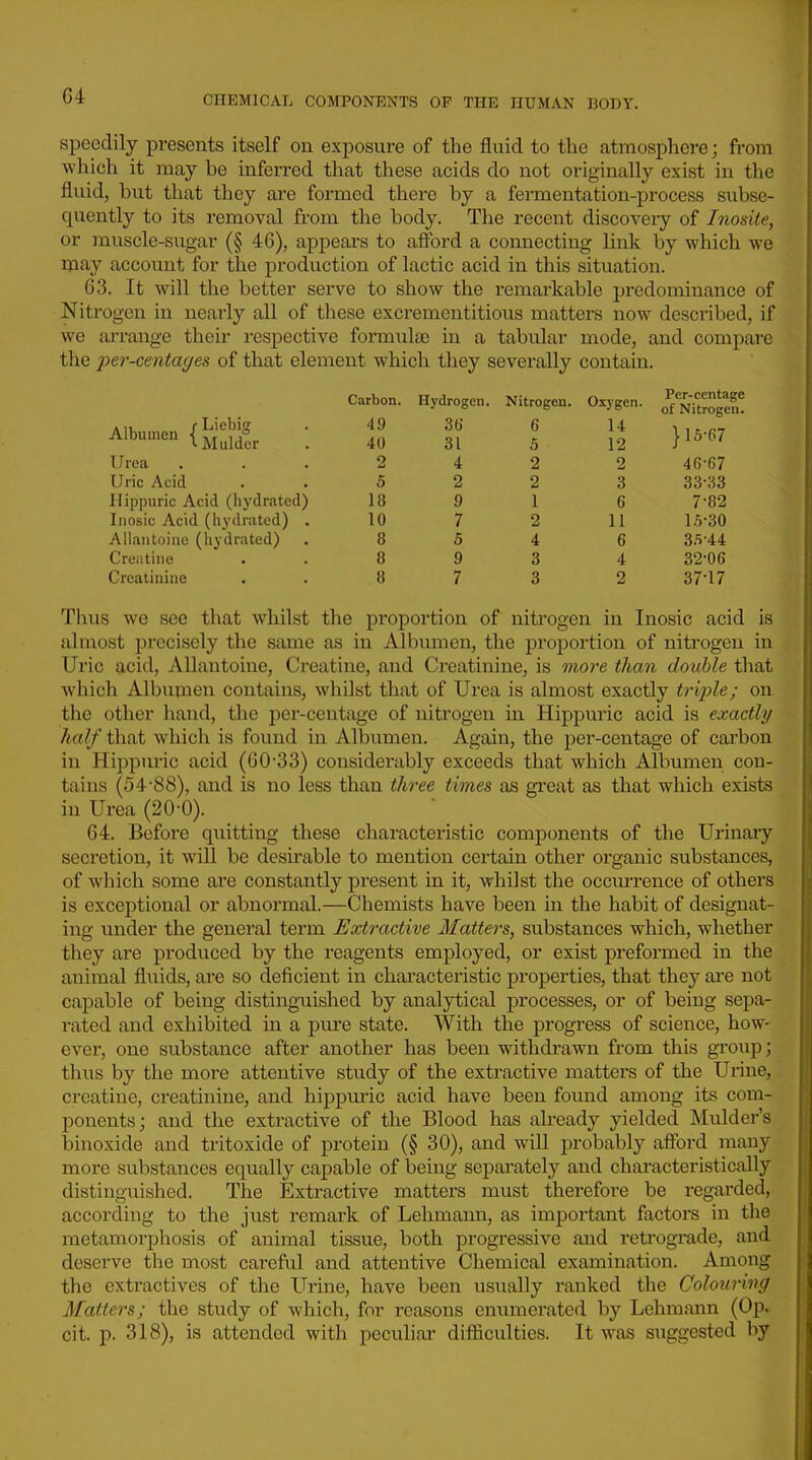 speedily presents itself on exposure of the fluid to the atmosphere; from which it may be inferred that these acids do not originally exist in the fluid, but that they are formed there by a fermentation-process subse- quently to its removal from the body. The recent discoveiy of Inosite, or muscle-sugar (§ 46), appears to afford a connecting link by which we may account for the production of lactic acid in this situation. 63. It will the better serve to show the remarkable predominance of Nitrogen in neai-ly all of these excrementitious matters now described, if we arrange their respective formulae in a tabular mode, and compare the 2^^'>^-centages of that element which they severally contain. Carbon. Hydrogen. Nitrogen. Oxygen. Per-centag of Nitrogei Albumen ■fJ'J*^!'!^ '■Mulder 49 40 36' 31 6 5 14 12 } 16-67 Urea 2 4 2 2 46-67 Uric Acid 6 2 2 3 33-33 Ilippuric Acid (hydrated) 18 9 1 6 7-82 Iiiosic Acid (hydnited) . 10 7 2 11 15-30 Allantoine (iiydrated) 8 5 4 6 3.V44 Creatine 8 9 3 4 32-06 Creatinine 8 7 3 2 37-17 Tims we sec that whilst the proportion of nitrogen in Inosic acid is almost precisely the same as in Albumen, the proportion of nitrogen in Uric acid, Allantoine, Creatine, and Creatinine, is more than double that which Albumen contains, whilst that of Urea is almost exactly tri23le; on the other hand, the per-ceutage of nitrogen in Hippuric acid is exactly half that which is found in Albumen. Again, the per-centage of carbon in Hippuric acid (60-33) considerably exceeds that which Albumen con- tains (54-88), and is no less than three times as great as that which exists in Urea (20-0). 64. Before quitting these characteristic components of the Urinary secretion, it will be desirable to mention certain other organic substances, of which some are constantly present in it, whilst the occm-rence of others is exceptional or abnormal.—Chemists have been in the habit of designat- ing under the general term Extractive Matters, substances which, whether they are produced by the reagents employed, or exist preformed in the animal fluids, are so deficient in characteristic properties, that they are not capable of being distinguished by analytical processes, or of being sepa- rated and exhibited in a pure state. With the progress of science, how- ever, one substance after another has been withdrawn from this group; thus by the more attentive study of the extractive matters of the Urine, creatine, creatinine, and hippuric acid have been found among its com- ponents; and the extractive of the Blood has already yielded ^Mulder's binoxide and tritoxide of protein (§ 30), and will probably afford many more substances equally capable of being separately and characteristically disting-uished. The Extractive matters must therefore be regarded, according to the just remark of Lehmann, as important factors in the metamoi-phosis of animal tissue, both progressive and reti'ograde, and deserve the most careful and attentive Chemical examination. Among the extractives of the Urine, have been usually ranked the Colouring Matters; the study of which, for reasons cnimierated by Lehmann (Op» cit. p. 318), is attended with peculiar difficulties. It was siiggested by