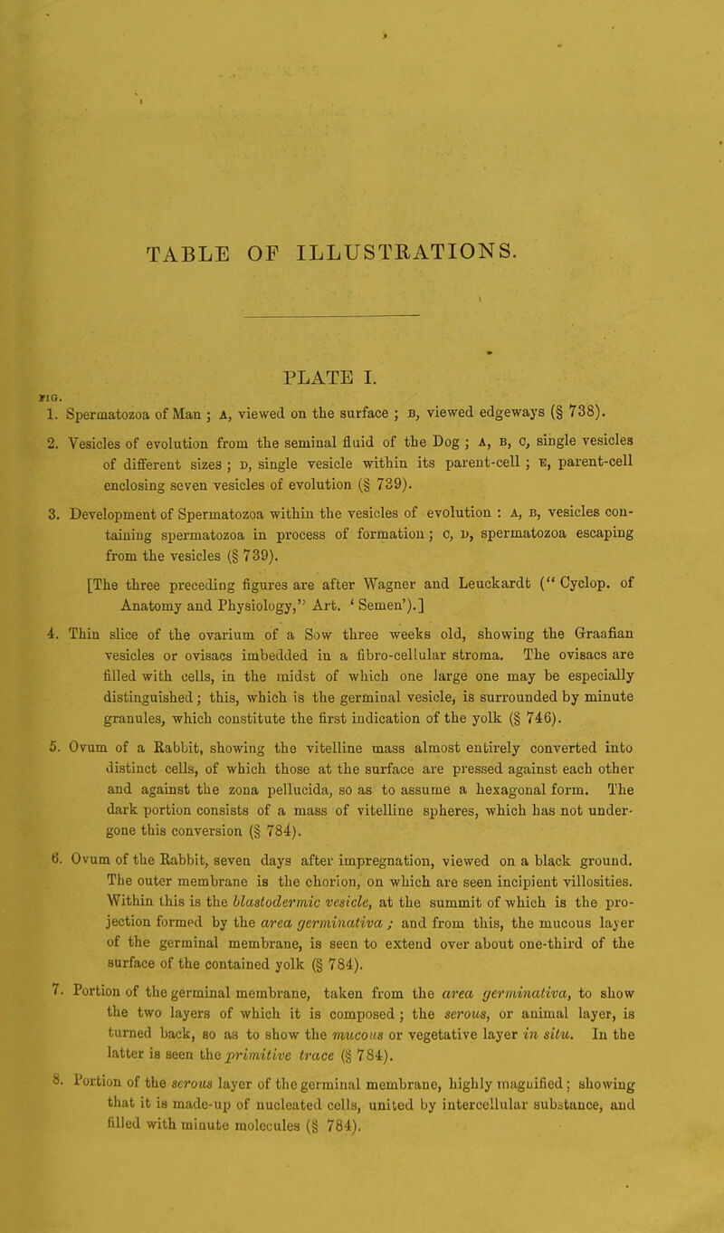 TABLE OF ILLUSTRATIONS. PLATE I. KG. 1. Spermatozoa of Man ; A, viewed on the surface ; b, viewed edgeways (§ 738). 2. Vesicles of evolution from the seminal fluid of the Dog ; a, b, o, single vesicles of different sizes ; d, single vesicle within its parent-cell ; e, parent-cell enclosing seven vesicles of evolution (§ 739). 3. Development of Spermatozoa within the vesicles of evolution : A, b, vesicles con- taining spermatozoa in process of formation; o, i>, spermatozoa escaping from the vesicles (§ 739). [The three preceding figures are after Wagner and Leuckardt (Cyclop, of Anatomy and Physiology,'1 Art. ' Semen').] 4. Thin slice of the ovarium of a Sow three weeks old, showing the Graafian vesicles or ovisacs imbedded in a fibro-cellular stroma. The ovisacs are filled with cells, in the midst of which one large one may be especially distinguished; this, which is the germinal vesicle, is surrounded by minute granules, which constitute the first indication of the yolk (§ 746). 5. Ovum of a Rabbit, showing the vitelline mass almost entirely converted into distinct cells, of which those at the surface are pressed against each other and against the zona pellucida, so as to assume a hexagonal form. The dark portion consists of a mass of vitelline spheres, which has not under- gone this conversion (§ 784). b*. Ovum of the Rabbit, seven days after impregnation, viewed on a black ground. The outer membrane is the chorion, on which are seen incipient villosities. Within this is the blastodermic vesicle, at the summit of which is the pro- jection formed by the area germinativa ; and from this, the mucous layer of the germinal membrane, is seen to extend over about one-third of the surface of the contained yolk (§ 784). 7. Portion of the germinal membrane, taken from the area germinativa, to show the two layers of which it is composed ; the serous, or animal layer, is turned back, bo as to show the mucous or vegetative layer in situ. In the latter is seen the primitive trace (§ 784). 8. Portion of the serous layer of the germinal membrane, highly magnified ; showing that it is made-up of nucleated cells, united by intercellular substance, and filled with minute molecules (§ 784).