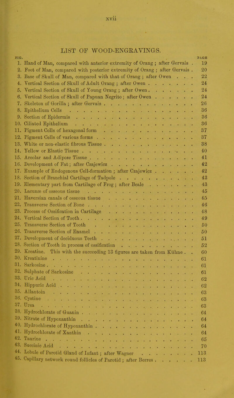 LIST OF WOOD-ENGRAVINGS. FIG. PAGE 1. Hand of Man, compared with anterior extremity of Orang ; after Gervais . 19 2. Foot of Man, compared with posterior extremity of Orang : after Gervais . 20 3. Base of Skull of Man, compared with that of Orang ; after Owen ... 22 4. Vertical Section of Skull of Adult Orang ; after Owen 24 5. Vertical Section of Skull of Young Orang ; after Owen 24 6. Vertical Section of Skull of Papuan Negrito ; after Owen 24 7. Skeleton of Gorilla ; after Gervais 26 8. Epithelium Cells 36 9. Section of Epidermis 36 10. Ciliated Epithelium 36 11. Pigment Cells of hexagonal form 37 12. Pigment Cells of various forms 37 13. White or non-elastic fibrous Tissue 38 14. Yellow or Elastic Tissue 40 15. Areolar and Adipose Tissue 41 16. Development of Fat; after Czajewicz 42 17. Example of Endogenous Cell-formation ; after Czajewicz 42 18. Section of Branchial Cartilage of Tadpole 43 19. Elementary part from Cartilage of Frog ; after Beale 43 20. Lacunae of osseous tissue 45 21. Haversian canals of osseous tissue 45 22. Transverse Section of Bone 46 23. Process of Ossification in Cartilage 48 24. Vertical Section of Tooth 49 25. Transverse Section of Tooth . 50 26. Transverse Section of Enamel , 50 27. Development of deciduous Teeth 51 28. Section of Tooth in process of ossification 52 29. Kreatine. This with the succeeding 13 figures are taken from Kiihne . . 60 30. Kreatinine 61 31. Sarkosine 61 32. Sulphate of Sarkosine 61 33. Uric Acid 62 34. Hippuric Acid 62 35. Allantoin 63 36. Cystine 63 37. Urea 63 38. Hydrochlorate of Guanin 64 39. Nitrate of Hypoxanthin 64 40. Hydrochlorate of Hypoxanthin 64 41. Hydrochlorate of Xanthin 64 42. Taurine 65 43. Succinic Acid 70 44. Lobule of Parotid Gland of Infant; after Wagner 113 45. Capillary network round follicles of Parotid ; after Berres 113