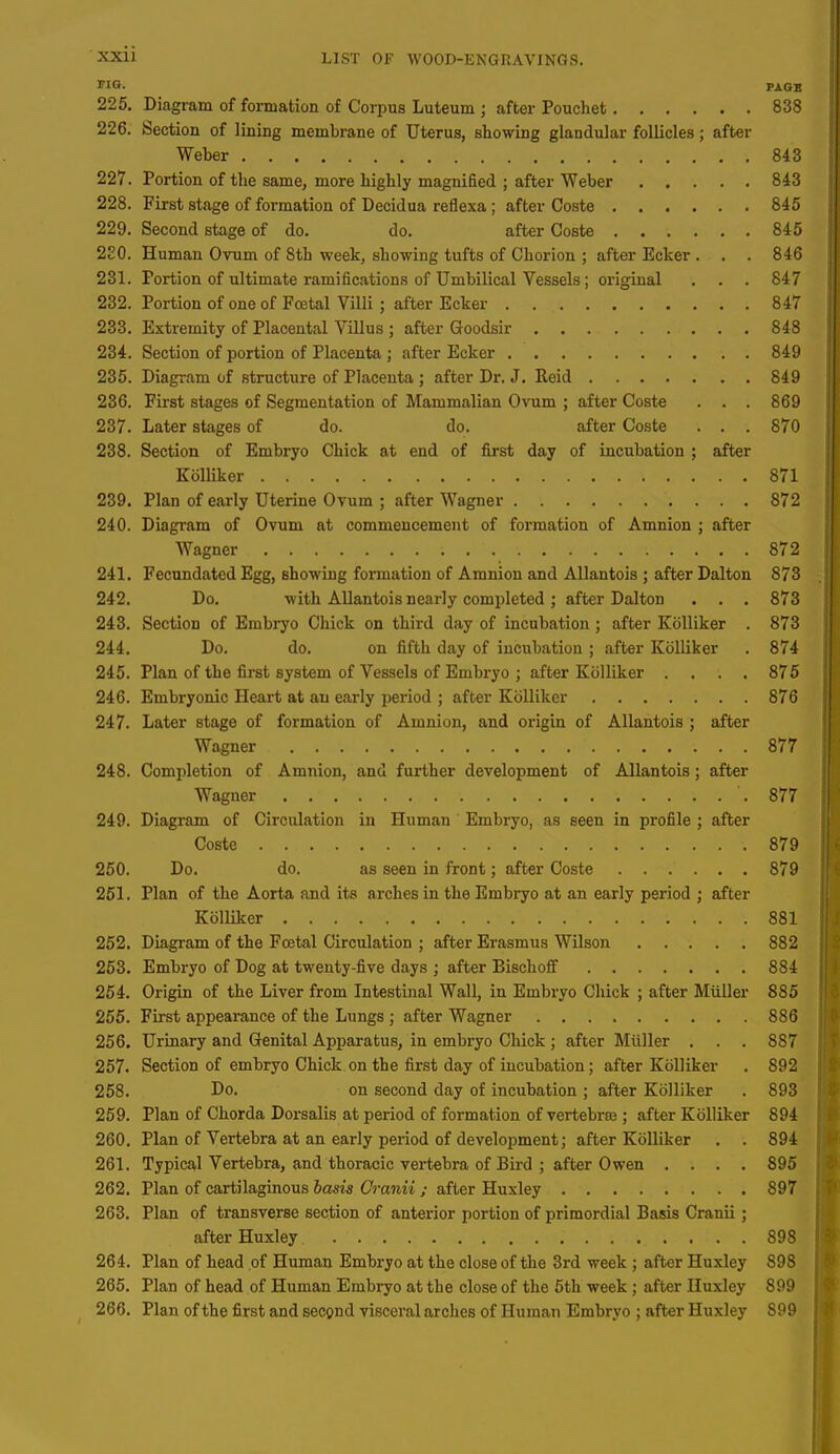 225. Diagram of formation of Corpus Luteum ; after Pouchet 838 226. Section of lining membrane of Uterus, showing glandular follicles; after Weber 843 227. Portion of the same, more highly magnified ; after Weber 843 228. First stage of formation of Decidua reflexa; after Coste 845 229. Second stage of do. do. after Coste 845 220. Human Ovum of 8th week, showing tufts of Chorion ; after Ecker . . . 846 231. Portion of ultimate ramifications of Umbilical Vessels; original . . . 847 232. Portion of one of Foetal Villi ; after Ecker 847 233. Extremity of Placental Villus ; after Goodsir 848 234. Section of portion of Placenta ; after Ecker 849 235. Diagram of structure of Placenta ; after Dr. J. Reid ....... 849 236. First stages of Segmentation of Mammalian Ovum ; after Coste . . . 869 237. Later stages of do. do. after Coste . . . 870 238. Section of Embryo Chick at end of first day of incubation ; after Kblliker 871 239. Plan of early Uterine Ovum ; after Wagner 872 240. Diagram of Ovum at commencement of formation of Amnion ; after Wagner . 872 241. Fecundated Egg, showing formation of Amnion and Allantois ; after Dalton 873 242. Do. with Allantois nearly completed ; after Dalton . . . 873 243. Section of Embryo Chick on third day of incubation ; after Kblliker . 873 244. Do. do. on fifth day of incubation ; after Kblliker . 874 245. Plan of the first system of Vessels of Embryo ; after Kblliker . . . . 875 246. Embryonic Heart at an early period ; after Kblliker 876 247. Later stage of formation of Amnion, and origin of Allantois ; after Wagner 877 248. Completion of Amnion, and further development of Allantois; after Wagner 877 249. Diagram of Circulation in Human Embryo, as seen in profile ; after Coste . 879 250. Do. do. as seen in front; after Coste 879 251. Plan of the Aorta and its arches in the Embryo at an early period ; after Kblliker 881 252. Diagram of the Foetal Circulation ; after Erasmus Wilson 882 253. Embryo of Dog at twenty-five days ; after Bischoff 884 254. Origin of the Liver from Intestinal Wall, in Embryo Chick ; after Miiller 885 255. First appearance of the Lungs ; after Wagner 886 256. Urinary and Genital Apparatus, in embryo Chick ; after Miiller . . . 887 257. Section of embryo Chick on the first day of incubation; after Kblliker . 892 258. Do. on second day of incubation ; after Kblliker . 893 259. Plan of Chorda Dorsalis at period of formation of vertebra ; after Kblliker 894 260. Plan of Vertebra at an early period of development; after Kblliker . . 894 261. Typical Vertebra, and thoracic vertebra of Bird ; after Owen .... 895 262. Plan of cartilaginous basis Oranii ; after Huxley 897 263. Plan of transverse section of anterior portion of primordial Basis Cranii ; after Huxley 898 264. Plan of head of Human Embryo at the close of the 3rd week ; after Huxley 898 265. Plan of head of Human Embryo at the close of the 5th week; after Huxley 899 266. Plan of the first and second visceral arches of Human Embryo ; after Huxley 899