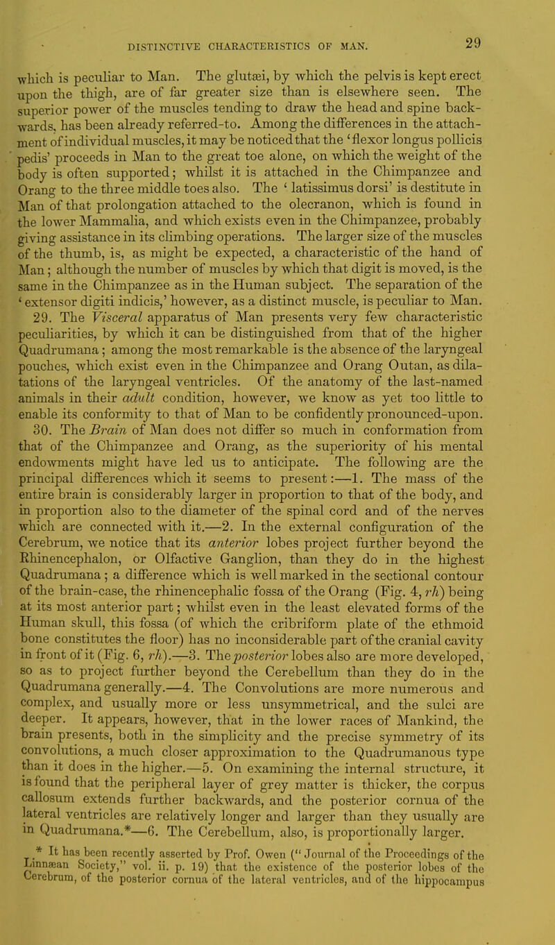 which is peculiar to Man. The glutasi, by which the pelvis is kept erect upon the thigh, are of far greater size than is elsewhere seen. The superior power of the muscles tending to draw the head and spine back- wards, has been already referred-to. Among the differences in the attach- ment of individual muscles, it may be noticed that the ' flexor longus pollicis pedis' proceeds in Man to the great toe alone, on which the weight of the body is often supported; whilst it is attached in the Chimpanzee and Orang to the three middle toes also. The ' latissimus dorsi' is destitute in Man of that prolongation attached to the olecranon, which is found in the lower Mammalia, and which exists even in the Chimpanzee, probably giving assistance in its climbing operations. The larger size of the muscles of the thumb, is, as might be expected, a characteristic of the hand of Man; although the number of muscles by which that digit is moved, is the same in the Chimpanzee as in the Human subject. The separation of the f extensor digiti indicis,' however, as a distinct muscle, is peculiar to Man. 29. The Visceral apparatus of Man presents very few characteristic peculiarities, by which it can be distinguished from that of the higher Quadrumana; among the most remarkable is the absence of the laryngeal pouches, which exist even in the Chimpanzee and Orang Outan, as dila- tations of the laryngeal ventricles. Of the anatomy of the last-named animals in their adult condition, however, we know as yet too little to enable its conformity to that of Man to be confidently pronounced-upon. 30. The Brain of Man does not differ so much in conformation from that of the Chimpanzee and Orang, as the superiority of his mental endowments might have led us to anticipate. The following are the principal differences which it seems to present:—1. The mass of the entire brain is considerably larger in proportion to that of the body, and in proportion also to the diameter of the spinal cord and of the nerves which are connected with it.—2. In the external configuration of the Cerebrum, we notice that its anterior lobes project further beyond the Rhinencephalon, or Olfactive Ganglion, than they do in the highest Quadrumana ; a difference which is well marked in the sectional contour of the brain-case, the rhinencephalic fossa of the Orang (Fig. 4, rh) being at its most anterior part; whilst even in the least elevated forms of the Human skull, this fossa (of which the cribriform plate of the ethmoid bone constitutes the floor) has no inconsiderable part of the cranial cavity in front of it (Fig. 6, rh).—3. The posterior lobes also are more developed, so as to project further beyond the Cerebellum than they do in the Quadrumana generally.—4. The Convolutions are more numerous and complex, and usually more or less unsymmetrical, and the sulci are deeper. It appears, however, that in the lower races of Mankind, the brain presents, both in the simplicity and the precise symmetry of its convolutions, a much closer approximation to the Quadrumanous type than it does in the higher.—5. On examining the internal structure, it is found that the peripheral layer of grey matter is thicker, the corpus callosum extends further backwards, and the posterior cornua of the lateral ventricles are relatively longer and larger than they usually are in Quadrumana.*—6. The Cerebellum, also, is proportionally larger. * It has been recently asserted by Prof. Owen ( Journal of the Proceedings of the Linnaean Society, vol. ii. p. 19) that the existence of the posterior lobes of the Cerebrum, of the posterior cornua of the lateral ventricles, and of the hippocampus
