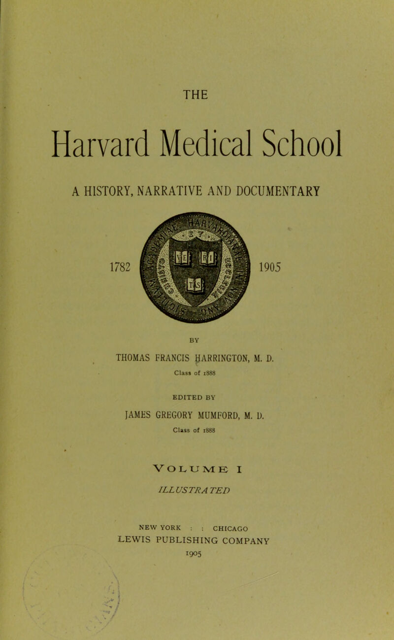THE Harvard Medical School A HISTORY, NARRATIVE AND DOCUMENTARY BY THOMAS FRANCIS HARRINGTON, M. D. Class of 1888 EDITED BY lAMES GREGORY MUMFORD, M. D. Class of 1888 VOLUME I ILLUSTRATED NEW YORK : : CHICAGO LEWIS PUBLISHING COMPANY 1905