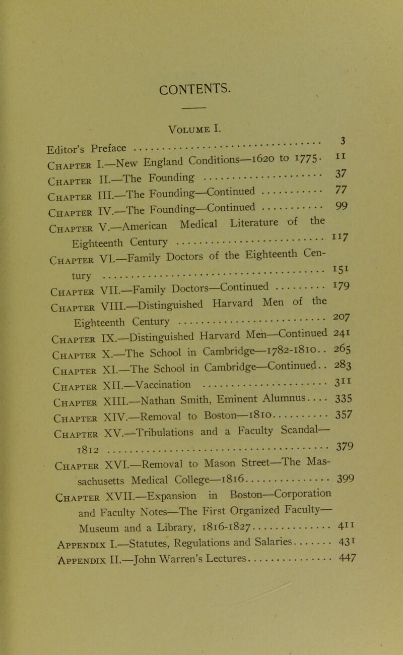 Volume I. 3 Editor's Preface Chapter I.-New England Conditions-1620 to i775- Chapter II.—The Founding 37 Chapter III.—The Founding—Continued 77 Chapter IV.—The Founding—Continued 99 Chapter V.—American Medical Literature of the Eighteenth Century Chapter VL—Family Doctors of the Eighteenth Cen- 151 tury ^ Chapter VII.—Family Doctors—Continued I79 Chapter VIIL—Distinguished Harvard Men of the Eighteenth Century Chapter IX.—Distinguished Harvard Men—Continued 241 Chapter X.—The School in Cambridge—1782-1810.. 265 Chapter XL—The School in Cambridge—Continued.. 283 Chapter XIL—Vaccination Chapter XIIL—Nathan Smith, Eminent Alumnus.... 335 Chapter XIV.—Removal to Boston—1810 357 Chapter XV.—Tribulations and a Faculty Scandal— 1812 379 Chapter XVI.—Removal to Mason Street—The Mas- sachusetts Medical College—1816 399 Chapter XVII.—Expansion in Boston—Corporation and Faculty Notes—The First Organized Faculty- Museum and a Library, 1816-1827 411 Appendix I.—Statutes, Regulations and Salaries 431 Appendix II.—John Warren's Lectures 447