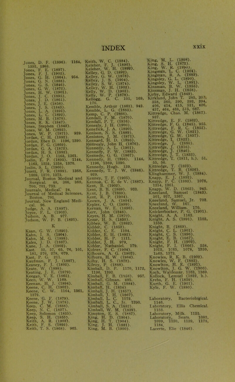 Jones, D. F. (1896). 1164, 1352, 1363. Jones, F. E. (1897). Jones, F. J. (1902). Jones, G. H. (1864). 954. Jones, G. N. (1888). Jones, G. S. (1846). Jones, G. W. (1872). Jones, H. VV. (1901). Jones, J. C. (1895). Jones, J. D. (1861). Jones, J. K. (1858). Jones, J. S. (1843). Jones. L. A. (1891). Jones, L. C. (1892). Jones, M. B. (1870). Jones, R. K. (1847). Jones, Stephen (1842). Jones, W. M. (1893). Jones, W. P. (1871). 939. Jordan, C. H. (1892). Jordan, Eben D. 1196, 1390. Jordan, F. G. (1869). Jordan, G. A. (1872). Jordan, H. S. (1882). Jordan, J. O. 1163, 1361. Joslin, E. P. (1895). 1144. 1163, 1352. 1358, 1370. Joslin, S. L. (1900). Jouett. F. R. (1899). 1368, 1369, 1370, 1373. Journal, Boston Medical and Surgical. 48, 366, 369, 700, 701, 733. Journals, Medical. 24. Journal of Medical Sciences, Boston. 701. Journal, New England Medi- cal. 96. Judge, A. A. (1897). Joyce, F. L. (1903). Judson, A. B. 977. Judson, W. P. B. (1821). K Kaan. G. W. (1890). Kahn. I. S. (1904). Kahn, M. G. (1898). Kales, T. D. (1887). Kane, J. A. (1902). Kast. 52. 57, 66, 76. 101, 181, 276, 278. 679. Kast. P. G. 211. Kaufman. F. J. (1887). Keaney, F. J. (1892). Keate, W. (1898). Keating. J. E. (1879). Keegan. V. E. (1865). Keen, W. W. 1169. Keenan, H. J. (1894). Keene. C. H. (1902). Keene. C. W. 1104. 1361. 1372. Keene, G. F. (1879). Keene, J. W. (1878). Keep, C. M. (1888). Keep, N. C. (1827). Keep, Solomon (1835). Keep, S. H. (1855). Keith, A. R. (1903). Keith, F. S. (1892). Keith, T. S. (1868). 965. Keith, VV. C. (1884). Keleher, F. J. (1890). Keleher, W. H. (1892). Kelley, G. D. (1892). Kelley. G. W. (1878). Kelley. J. S. (1904). Kelley. S. VV. (1874). Kelley, W. H. (1902). Kelly, W. D. (1903). Kelly, W. P. (1878). Kellogg, G. C. 101, 169, 170. Kemble, Arthur (1863). 942. Kemble, L. G. (1883). Kemp, C. P. (1866). Kendall, F. M. (1870). Kendall, P. T. (1816). Kenealy, J. H. (1900). Kenefick, J. A. (1890). Kenison, N. S. (1889). Keniston, T. M. (1871). Kennard, H. D. (1895). Kennealy, John H. (1876). Kennedy, A. L. (1901). Kennedy, F. W. (1883). Kennedy, G. G. (1867). Kennedy, H. (1898). 1144, 1196, 1369, 1390. Kennedy, Hugh. 139. Kennedy, T. J. W. (1846). 929. Kenney, T. F. (1905). Kennon, C. E. de V. (1887). Kent, B. (1902). Kent, B. B. (1869). 933. Kent, J. B. (1869). Kent, R. P. (1904). Keown, J. A. (1894). Kepler, C. O. (1899). Kernan, VV. E. (1896). Kerr, John (1846). Keyes, H. M. (1870). Kezar, H. S. (1850). Kibbey, W. B. (1882). Kidder, C. (1852). Kidder, C. E. 1104. Kidder, E. H. (1893). Kidder, H. P. 1111. Kidder, J. H. 979. Kidder, Nathaniel. 179. Kidner. F. C. (1904). Kilbourn, A. G. (1902). Kilburn, H. W (1884). Kilby, H. S. (1878). Kilroy, P. (1888). Kimball. D. P. 1170, 1172, 1196 1392 Kimbal'l, F. B. (1S58). 957. Kimball, Gilman. 495. Kimball. G. M. (1884). Kimball. H. (1834) Kimball. J. H. (1857). Kimball, J. H. (1807). Kimball, L. C. 1172. Kimball, L. C, Jr. 1390. Kimball, S. A. (1882). Kimball, W. M. (1839). Kinipton, E. S. (1S87). King, H. D. (1904). King, H. T. (1904). King, J. H. (1881). King, M. B. (1900). King, M. L. (1898). King, S. H. (1872). King, \V. R. (1890). Kingman, L. C. (1904). Kingman, R. A. (1882). Kingsley, G. L. (1890). Kingsley, VV. L. (1891). Kinsman, B. W. (1855). Kinsman, J. H. (1858). Kirby, Edward (1849). Kirkland, John T. 285, 307-, 358, 360, 390, 393, 394, 406, 414, 415, 521, 426, 457, 464, 468, 5J5, 687. Kittredge, Chas. M. (1867). 937 Kittredge, E. F. (1862). Kittredge, F. G. (1845). 955. Kittredge, F. R. C. (1853). Kittredge, G. VV. (1821). Kittredge, G. VV. (1857). Kittredge, I. (1823). Kittredge, J. (1880). Kittredge, J. (1816). Kittredge, J. (1846). Kittredge, J. T. (1833). Kittredge, T. (1811, h.). 51, 55. 56. Kittredge, T. (1823). Kittredge, T. B. (1826). Klinghammer, VV. J. (1884). Knapp, E. J. (1892). Knapp, P. C. (1883). 1078, 1354, 1361. Knapp, VV. D. (1803). 945. Kneeland, Samuel (1843). 501, 927, 1367. Kneeland, Samuel, Jr. 702. Kneeland, \V. 167. Kneeland, William. 170. Knickerbocker, P. G. (1901). Knight, A. A. 1163. Knight, A. S. (1891). 1103, 1359. Knight, B. (1869). Knight, C. L. (1901). Knight, C. S. (1896). Knight, E. B. (1867). Knight, F. H. (1902). Knight, F. I. (1866). 558, 1022, 1C65, 1078, 1859, lb65, 1373. Knowles, R. K. B. (1902). Knowles, VV. F. (1885). Knowlton, H. E. (1891). Knowlton. T. G. W. (1900). Koch, VValciemar. 1163. 1369. Kollock. Lemuel (1822. h.). Krebs. F. H. (1859). Kurth. G. E. (1901). Kyle. F. VV. (1880). L Laboratory. Bacteriological. 1146. Laboratory, Ellis Chemical. 1153. Laboratory, Milk. 1125. Laboratory, Sears. 1082, 1009, 1130, 1139, 1178, 1184. Lacerte, Elie (1846).
