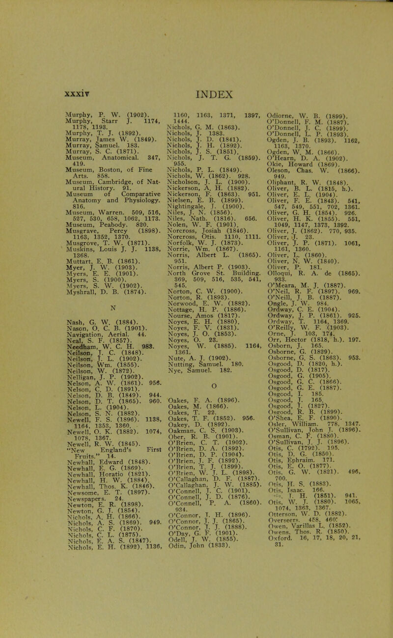 Murphy, P. W. (1902). Murphy, Starr J. 1174, 1178, 1193. Murphy, T. J. (1892). Murray, Tames W. (1849). Murray, Samuel. 183. Murray, S. C. (1871). Museum, Anatomical. 347, 419. Museum, Boston, of Fine Arts. 858. Museum, Cambridge, of Nat- ural History. 91. Museum of Comparative Anatomy and Physiology. 816. Museum, Warren. 509, 516, 527, 530, 658, 1062, 1173. Museum, Peabody. 820. Musgrave, Percy (1898). 1163, 1352, 1370. Musgrove, T. W. (1871). ' Muskins, Louis J. J. 1138, 1368. Muttart. E. B. (1861). Myer, J. W. (1903). Myers, E. E. (1901). Myers, S. (1900). Myers, S. W. (1902). Myshrall, D. B. (1874). N Nash, G. W. (1884). Nason, O. C. B. (1901). Navigation, Aerial. 44. Neal, S. F. (1857). Needham, W. C. H. 988. Neilson, J. C. (1848). Neilson, J. L. (1902). Neilson, Wm. (1855). Neilson, W. (1872). Nelligan, J. P. (1902). Nelson, A. W. (1861). 956. Nelson, C. D. (1891). Nelson, D. B. (1849). 944. Nelson, D. T. (1865). 960. Nelson, L. (1904). Nelson, S. N. (1882). Newell, F. S. (1896). 1138, 1164, 1353, 1360. Newell, O. K. (1882). 1074, 1078, 1367. Newell, R. W. (1845). New England's First Fruits. 14. Newhall, Edward (1848). Newhall, E. G. (1869). Newhall, Horatio (1821). Newhall, H. W. (1884). Newhall, Thos. K. (1846). Newsome, E. T. (1897). Newspapers. 24. Newton, E. R. (1898). Newton, G. J. (1854). Nichols, A. H. (1866). Nichols, A. S. (1869). 949. Nichols, C. F. (1870). Nichols. C. L. (1875). Nichols, E. A. S. (1847). Nichols, E. H. (1892). 1136, 1160, 1163, 1371, 1897, 1444. Nichols, G. M. (1863). Nichols, T. 1383. Nichols, J. D. (1841). Nichols, T. H. (1892). Nichols, J. S. (1851). Nichols, J. T. G. (1859). 955. Nichols, P. L. (1849). Nichols, W. (1862). 928. Nicholson, J. L. (1900). Nickerson, A. H. (1882). Nickerson, F. (1863). 951. Nielsen, E. B. (1899). Nightingale, T. (1900). Niles, J. N. (1856). Niles, Nath. (1816). 656. Nolen, W. F. (1901). Norcross, Josiah (1846). Norcross, Otis. 1110, 1111. Norfolk, W. J. (1873). Norrie, Wm. (1867). Norris, Albert L. (1865). 951. Norris, Albert P. (1903). North Grove St. Building. 369, 509, 516, 535, 541, 545. Norton, C. W. (1900). Norton, R. (1893). Norwood, E. W. (1882). Nottage, H. P. (1886). Nourse, Amos (1817). Noyes, E. H. (1880). Noyes, F. V. (1831). Noyes, J. O. (1853). Noyes, O. 23. Noyes, W. (1885). 1164, 1361. Nute, A. J. (1902). Nutting, Samuel. 180. Nye, Samuel. 182. O Oakes, F. A. (1896). Oakes, M. (1866). Oakes, T. 22. Oakes, T. F. (1852). 956. Oakey, D. (1892). Oakman, C. S. (1903). Ober, R. B. (1901). O'Brien, C. T. (1902). O'Brien, D. A. (1892). O'Brien, D. P. (1904). O'Brien, J. F. (1892). O'Brien, T. J. (1899). O'Brien, W. J. L. (1898). O'Callaghan, D. F. (1,S87). O'Callaghan, J. W. (1885). O'Connell, T. C. (1901). O'Connell, J. D. (1876). O'Connell, P. A. (1860). 934. O'Connor, T. H. (1896). O'Connor, J. J. (1865). O'Connor, J. J. (1888). O'Day, G. F. (1901). Odell, J. W. (1855). Odin, John (1833). Odiorne, W. B. (1899). O'Donnell, F. M. (1887). O'Donnell, J. C. (1899). O'Donnell, L. P. (1893). Ogden, J. B. (1893). 1162, 1163, 1370. Ogden, W. M. (1860). O'Hearn, D. A. (1902). Okie, Howard (1869). Oleson, Chas. W. (1866). 949 Oliphant, R. W. (1848). Oliver, B. L. (1815, h.). Oliver, E. L. (1904). Oliver, F. E. (1843). 541, 547, 549, 551, 702, 1361. Oliver, G. H. (1854). 926. Oliver, H. K. (1855). 551, 1049, 1147, 1373, 1392. Oliver, J. (1862). 770, 935. Oliver, J. 23. Oliver, J. P. (1871). 1061, 1161, 1360. Oliver, L. (1860). Oliver, N. W. (1840). Oliver, P. 181. Olloqui, R. A. de (1865). 933. O'Meara, M. J. (1887). O'Neil, R. F. (1897). 969. O'Neill, J. B. (1887). Ongle, J. W. 984. Ordway, C. E. (1904). Ordway, J. P. (1861). 925. Ordway, T. 1164, 1369. O'Reilly, W. F. (1903). Orne, J. 103, 174. Orr, Hector (1818, h.). 197. Osborn, J. 165. Osborne, G. (1829). Osborne, G. S. (1863). 953. Osgood, D. (1820, h.). Osgood, D. (1817). Osgood, G. (1905). Osgood, G. C. (1866). Osgood, G. E. (1887). Osgood, I. 185. Osgood, J. 165. Osgood, T. (1827). Oseood, R. B. (1899). O'Shea, E. F. (1890). Osier, William. 778. 1347. O'Sullivan, Tohn T. (1896). Osman, C. F. (1880). O'Sullivan, J. J. (1896). Otis, C. (1792). If).?. Otis, D. G. (1850). Otis, Ephraim. 171. Otis, E. O. (1877). Otis. G. W. (1821). 496, 700. Otis, H. S. (188,'?). Otis, Isaac. 166. T. H. (1851). 941. Otis. W. T. (1880). 1065, 1074, 136.-?, 1.S67. Otterson. W. D. (1882). Overseer-:. 4E8. 460: Owen, Varillas L. (1852). Owens. Thos. R. (1850). Oxford. 16, 17, 18, 20, 21, 31.