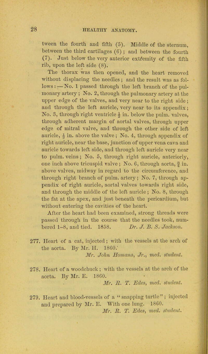 tween the fourth and fifth (5). Middle of the sternum, between the third cartilages (6); and between the fourth (7). Just below the very anterior exti'emity of the fifth rib, upon the left side (8). The thorax was then opened, and the heart removed ■without displacing the needles ; and the result w^as as fol- lows : — No. 1 passed through the left branch of the pul- monary artery ; No. 2, through the pulmonary artery at the upper edge of the valves, and very near to the right side; and through the left auricle, very near to its appendix; No. 3, through right ventricle ^ in, below the pulm, valves, through adherent margin of aortal valves, through upper edge of mitral valve, and thiough the other side of left auricle, -J in. above the valve; No. 4, through appendix of right auricle, near the base, junction of upper vena cava and auricle towards left side, and through left auricle very near to pulm. veins; No. 5, through right auricle, anteriorly, one inch above tricuspid valve ; No. 6, through aorta, f in. above valves, midway in regard to the circumference, and through right branch of pulm. artery; No. 7, through ap- pendix of right auricle, aortal valves towards right side, and through the middle of the left auricle; No. 8, through the fat at the apex, and just beneath the pericardium, but without entering the cavities of the heart. After the heart had been examined, strong threads were passed through in the course that the needles took, num- bered 1-8, and tied. 1858. Dr. J. B. S. Jackson. 277. Heart of a cat, injected; with the vessels at the arch of the aorta. By Mr. H. I860.' 3Ir. John Homans, Jr., med. student. 278. Heart of a woodchuck ; with the vessels at the arch of the aorta. By Mr. E. 1860. Mr. JR. T. Edes, med. student. 279. Heart and blood-vessels of a  snapping turtle ; injected and prepared by Mr. E. With one lung. 1860. Mr. R. T. Edes, med. student.