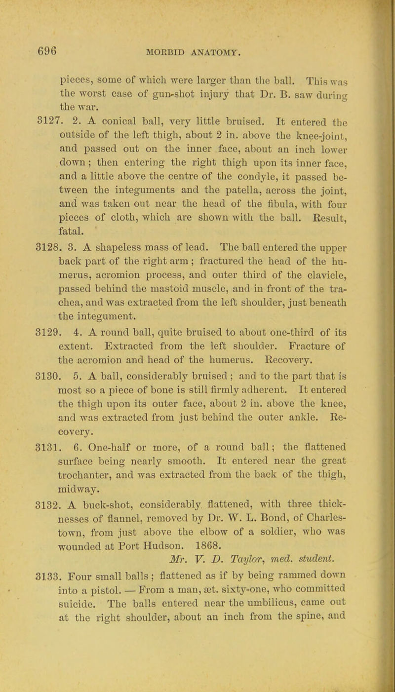 pieces, some of which were larger than the ball. This was the worst case of gun-shot injury that Dr. B. saw during the war. 3127. 2. A conical ball, very little bruised. It entered the outside of the left thigh, about 2 in. above the knee-joint, and passed out on the inner face, about an inch lower down; then entering the right thigh upon its inner face, and a little above the centre of the condyle, it passed be- tween the integuments and the patella, across the joint, and was taken out near the head of the fibula, with four pieces of cloth, which are shown with the ball. Result, fatal. 3128. 3. A shapeless mass of lead. The ball entered the upper back part of the right arm ; fractured the head of the hu- merus, acromion process, and outer third of the clavicle, passed behind the mastoid muscle, and in front of the tra- chea, and was extracted from the left shoulder, just beneath the integument. 3129. 4. A round ball, quite bruised to about one-third of its extent. Extracted from the left shoulder. Fracture of the acromion and head of the humerus. Recovery. 3130. 5. A ball, considerably bruised ; and to the part that is most so a piece of bone is stiil firmly adherent. It entered the thigh upon its outer face, about 2 in. above the knee, and was extracted from just behind the outer ankle. Re- covery. 3131. 6. One-half or more, of a round ball; the flattened surface being nearly smooth. It entered near the great trochanter, and was extracted from the back of the thigh, midway. 3132. A buck-shot, considerably, flattened, with three thick- nesses of flannel, removed by Dr. W. L. Bond, of Charles- town, from just above the elbow of a soldier, who was wounded at Port Hudson. 1868. Mr. V. D. Taylor, med. student. 3133. Four small balls ; flattened as if by being rammed down into a pistol. —From a man, jet. sixty-one, who committed suicide. The balls entered near the umbilicus, came out at the right shoulder, about an inch from the spine, and