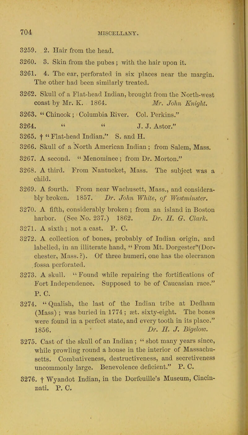 3259. 2. Hair from the head. 3260. 3. Skin from the pubes ; with the hair upon it. 3261. 4. The ear, perforated in six places near the margin. The other had been similarly treated. 3262. Skull of a Flat-head Indian, brought from the North-west coast by Mr. K. 1864. Mr. John Knight. 3263.  Chinook; Columbia River. Col. Perkins. 3264.   J. J. Astor. 3265. t  Flat-head Indian. S. and H. 3266. Skull of a North American Indian; from Salem, Mass. 3267. A second. Menominee; from Dr. Morton. 3268. A third. From Nantucket, Mass. The subject was a child. 3269. A fourth. From near Wachusett, Mass., and considera- bly broken. 1857. Dr. John WJiite, of Westminster. 3270. A fifth, considerably broken; from an island in Boston harbor. (See No. 237.) 1862. Dr. H. G. Clark. 3271. A sixth; not a cast. P. C. 3272. A collection of bones, probably of Indian origin, and labelled, in an illiterate hand,  From Mt. Dorgester(Dor- chester, Mass.?). Of three humeri, one has the olecranon fossa perforated. 3273. A skull.  Found while repairing the fortifications of Fort Independence. Supposed to be of Caucasian race. P. C. 3274.  Qualish, the last of the Indian tribe at Dedham (Mass) ; was buried in 1774 ; set. sixty-eight. The bones were found in a perfect state, and every tooth in its place. 1856. ■ Dr. H. J. Bigeloio. 8275. Cast of the skull of an Indian ;  shot many years since, while prowling round a house in the interior of Massachu- setts. Combativeness, destructiveness, and secretiveness uncommonly large. Benevolence deficient. P. C. 3276. t Wyandot Indian, in the Dorfeuille's Museum, Cincin- nati. P. C.