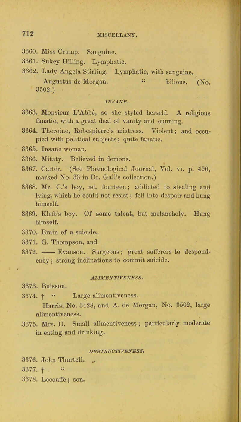 3360. Miss Crump. Sanguine. 3361. Sukey Hilling. Lymphatic. 3362. Lady Angela Stirling. Lymphatic, with sanguine. Augustus de Morgan.  bilious. (No. 3502.) INSANE. 3363. Monsieur L'Abbe, so she styled herself. A religious fanatic, with a great deal of vanity and cunning. 3364. Theroine, Robespierre's mistress. Violent; and occu- pied with political subjects ; quite fanatic. 3365. Insane woman. 3366. Mitaty. Believed in demons. 3367. Carter. (See Phrenological Journal, Vol. vi. p. 490, marked No. 33 in Dr. Gall's collection.) 3368. Mr. C.'s boy, set. fourteen ; addicted to stealing and lying, which he could not resist; fell into despair and hung himself. 3369. Kleft's boy. Of some talent, but melancholy. Hung himself. 3370. Brain of a suicide. 3371. G. Thompson, and 3372. Evanson. Surgeons; great sufferers to despond- ency ; strong inclinations to commit suicide. AJjIMENTIVENESS. 3373. Buisson. 3374. t  Large alimentiveness. Harris, No. 3428, and A. de Morgan, No. 3502, large alimentiveness. .3375. Mrs. H. Small alimentiveness; particularly moderate in eating and drinking. DESTR UCTIVENESS, 3376. John Thurtell. ^ 3377. t « 3378. Lecouffe; son.