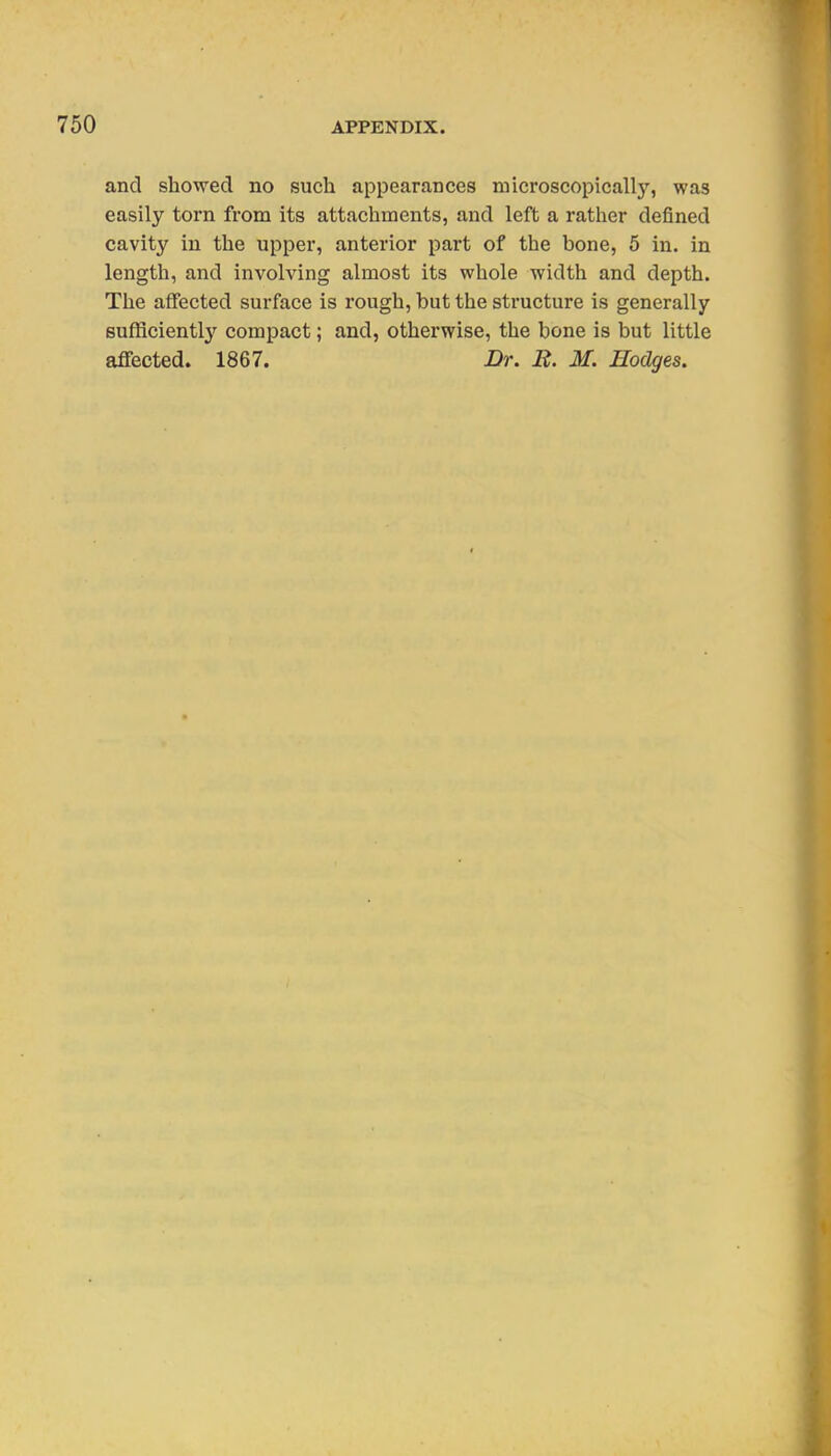 and showed no such appearances microscopically, was easily torn from its attachments, and left a rather defined cavity in the upper, anterior part of the bone, 5 in. in length, and involving almost its whole width and depth. The affected surface is rough, but the structure is generally sufficiently compact; and, otherwise, the bone is but little affected. 1867. Dr. B. M. Hodges.