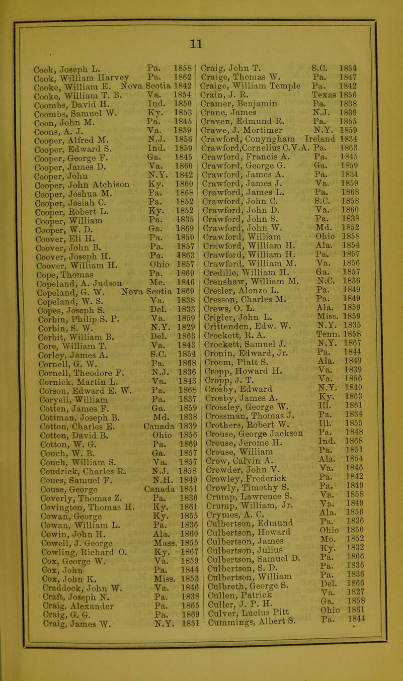 Cook, Joseph L. Cook, William Ilarvey Cooke, William E, No> Cooke, William T. B. Coombs, David H. Coombs, Samuel W. Coon, John M. Coons, A. J. Cooper, Alfred M. Cooper, Edward S. Cooper, George F. Cooper, James D. Cooper, John Cooper, John Atchison Cooper, Joshua M. Cooper, Josiah C. Cooper, Robert L. Cooper, William Cooper, W. D. Coover, Eli H. Coover, John B. Coover, Joseph H. Coover, William H. Cope, Thomas Copeland, A. Judson Copeland, G. W. No-^ Copeland, W. S. Copes, Joseph S. Corbin, Philip S. P. Corbin, S. W. Corbit, William B. Core, William T. Corley, James A. Cornell, G. W. Cornell, Theodore F. Cornick, Martin L. Corson, Edward E. W. Coryell, William Cotten, James F. Cottman, Joseph B. Cotton, Charles E. Cotton, David B. Cotton, W. G. Couch, W. B. Couch, William S. Coudrick, Charles R. Coues, Samuel F. Couse, George Coverly, Thomas Z. Covington, Thomas H. Cowan, George Cowan, William L. Cowin, John H. Cowell, J. George Cowling, Richard 0. Cox, George W. Cox,John Cox, John K. Craddock, John W. Craft, Joseph 2T. Craig, Alexander Craig, G. G. Craig, James W. Pa. 1858 Pa. 1862 Scotia 1842 Va. 1854 Ind. 1850 Ky. 1853 Pa. 1845 Va. 1839 N.J. 1856 Ind. 1859 Ga. 1845 Va. 1860 N.Y. 1842 Ky. 1860 Pa. 1868 Pa. 1852 Ky. 1852 Pa. 1835 Ga. 1869 Pa. 1850 Pa. 1857 Pa. 1863 Ohio 1857 Pa. 1869 Me._ 1846 Scotia 1869 Va. 1838 Del. 1833 Va. 1859 N.Y. 1829 Del. 1863 Va. 1843 S.C. 1854 Pa. 1868 N.J. 1836 Va. 1843 Pa. 1868 Pa. 1837 Ga. 1859 Md. 1838 Canada 1839 Ohio 1856 Pa. 1869 Ga. 1857 Va. 1857 N.J. 1858 N.H. 1849 Canads I 1851 Pa. 1830 Ky. 1861 Ky. 1855 Pa. 1836 Ala. 1800 Mass. 1855 Ky. 1867 Va. 1859 Pa. 1844 Miss. 1853 Va. 1846 Pa. 1838 Pa. 1865 Pa. 1869 N.Y 1851 Craig, John T. Craige, Thomas W. Craige, William Temple Crain, J. R. Cramer, Benjamin Crane, James Craven, Edmund R. Or awe, J. Mortimer Crawford, Conyngham S.C. 1854 Pa. 1847 Pa. 1842 Texas 1856 Pa. 1838 N.J. 1839 Pa. 1855 N.Y. 1859 Ireland 1834 Crawford,Cornelius C.V.A. Pa. 1863 Crawford, Francis A. Pa. 1845 Crawford, George G. Ga. 1859 Crawford, James A. Pa. 1834 Crawford, James J. Va. 1859 Crawford, James L. Pa. 1868 Crawford, John C. S.C. 1858 Crawford, John D. Va. 1860 CraAvford, John S. Pa. 1838 Crawford, John W. Md. 1852 Crawford, William Ohio 1858 Crawford, William H. Ala. 1854 Crawford, William H. Pa. 1857 Crawford, William M. Va. 1856 Credille, William H. Ga. 1857 Crenshaw, William M. N.C. 1836 Cresler, Alonzo L. Pa. 1849 Cresson, Charles M. Pa. 1849 Crews, 0. L. Ala. 1859 Crigler, John L. Miss. 1859 Crittenden, Edw. W. N.Y. 1835 Crockett, R. A. Tenn. 1858 Crockett, Samuel J. N.Y. 1867 Cronin, Edward, Jr. Pa. 1844 Groom, Piatt S. Ala. 1849 Cropp, Howard II. Va. 1839 Cropp, J. T. Va. 1856 Crosby, Edward N.Y. 1840 Crosby, James A. Ky. 1863 Crossley, George W. HI- 1861 Grossman, Thomas J. Pa. 1834 Crothers, Robert W. HI. 1855 Grouse, George Jackson Pa. 1848 Crouse, Jerome H. Ind. 1868 Grouse, William Pa. 1851 Crow, Calvin A. Ala. 1854 Crowder, John V. Va. 1846 Crowley, Frederick Pa. 1842 Crowly, Timothy S. Pa. 1849 Crump, Lawrence S. Va. 1858 Crump, William, Jr. Va. 1849 Crymes, A. C. Ala. 1856 Culbertson, Edmund Pa. 1836 Culbertson, Howard Ohio 18o0 Culbertson, James Mo. 18d2 Culbertson, Julius Ky. 186 j Culbertson, Samuel D. Pa. 1806 Culbertson, S. D. Pa. 1836 Culbertson, William Pa- 1»^^ Culbreth, George S. Del. 1866 Cullen, Patrick Va. 18^7 Culler, J. P. H. Ga. 1858 Culver, Lucius Pitt Ohio 1861 Cummings, Albert S. Pa. 1844