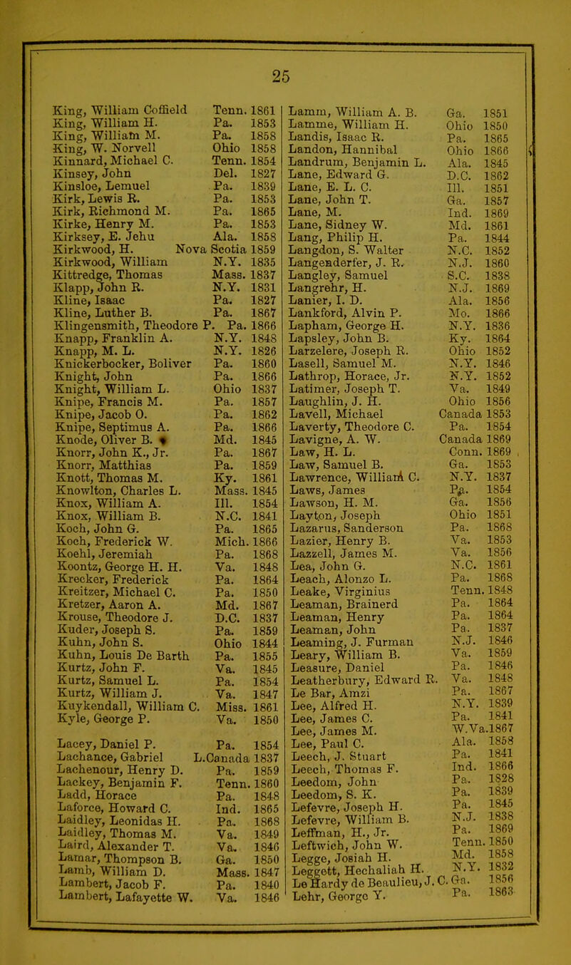 King, William Coffield Tenn. 1861 King, William H. Pa. 1853 King, William M. Pa. 1858 King, W. Norvell Ohio 1858 Kinnard, Michael C. Tenn. 1854 Kinsey, John Del. 1827 Kinsloe, Lemuel Pa. 1839 Kirk, Lewis R. Pa. 1853 Kirk, Eichmond M. Pa. 1865 Kirke, Henry M. Pa. 1853 Kirksey, E. Jehu Ala. 1858 Kirkwood, H. Nova Scotia 1859 Kirkwood, William N.Y. 1835 Kittredge, Thomas Mass. 1837 Klapp, John R. N.Y. 1831 Kline, Isaac Pa. 1827 Kline, Luther B. Pa. 1867 Klingensmith, Theodore P. Pa. 1866 Knapp, Franklin A. N.Y. 1848 Knapp, M. L. N.Y. 1826 Knickerbocker, Boliver Pa. 1860 Knight, John Pa. 1866 Knight, William L. Ohio 1837 Knipe, Francis M. Pa. 1857 Knipe, Jacob 0. Pa. 1802 Knipe, Septimus A. Pa. 1866 Knode, Oliver B. f Md. 1845 Knorr, John K., Jr. Pa. 1867 Knorr, Matthias Pa. 1859 Knott, Thomas M. Ky. 1861 Knowlton, Charles L. Mass. 1845 Knox, William A. 111. 1854 Knox, William B. N.C. 1841 Koch, John G. Pa. 1865 Koch, Frederick W. Mich. 1866 Koehl, Jeremiah Pa. 1868 Koontz, George H. H. Va. 1848 Krecker, Frederick Pa. 1864 Kreitzer, Michael C. Pa. 1850 Kretzer, Aaron A. Md. 1867 Krouse, Theodore J. D.C. 1837 Kuder, Joseph S. Pa. 1859 Kuhn, John S. Ohio 1844 Kuhn, Louis De Barth Pa. 1855 Kurtz, John F. Va. 1845 Kurtz, Samuel L. Pa. 1854 Kurtz, William J. Va. 1847 Kuykendall, William C. Miss. 1861 Kyle, George P. Va. 1850 Lacey, Daniel P. Lachance, Gabriel Lachenour, Henry D. Lackey, Benjamin F. Ladd, Horace Laforce, Howard C. Laidley, Leonidas H. Laidley, Thomas M. Laird, Alexander T. Lamar, Thompson B. Lamb, William D. Lambert, Jacob F. Lambert, Lafayette W. Pa. 1854 L.Canada 1837 Pa. 1859 Tenn. 1860 Pa. 1848 Ind. 1865 Pa.. 1868 Va. 1849 Va. 1846 Ga. 1850 Mass. 1847 Pa. 1840 Va. 1846 Lamm, William A. B. Lamme, William H. Landis, Isaac R. Landon, Hannibal Landrum, Benjamin L. Lane, Edward G. Lane, E, L. C. Lane, John T. Lane, M. Lane, Sidney W. Lang, Philip H. Langdon, S. Walter Langenderfer, J. R* Langley, Samuel Langrehr, H. Lanier, I. D. Lankford, Alvin P. Lapham, George H. Lapsley, John B. Larzelere, Joseph R. Lasell, Samuel M. Lathrop, Horace, Jr. Latimer, Joseph T. Laughlin, J. H. Lavell, Michael Laverty, Theodore C. Lavigne, A. W. Law, H. L. Law, Samuel B. Lawrence, Williani C. Laws, James Lawson, H. M. Laytpn, Joseph Lazarus, Sanderson Lazier, Henry B. Lazzell, James M. Lea, John G. Leach, Alonzo L. Leake, Virginius Leaman, Brainerd Leaman, Henry Leaman, John Learning, J. Furman Leary, William B. Leasure, Daniel Leatherbury, Edward R, Le Bar, Amzi Lee, Alfred H. Lee, James C. Lee, James M. Lee, Paul C. Leech, J. Stuart Leech, Thomas F. Leedom, John Leedom, S. K. Lefevre, Joseph H. Lefevre, William B. Leffman, H., Jr. Leftwich, John W. Legge, Jos i ah H. Leggett, Hechaliah H. Le Hardy de Beaulieu, J. Lehr, George Y. Ga. 1851 Ohio 1850 Pa. 1865 Ohio 1866 Ala. 1845 D.C. 1862 111. 1851 Ga. 1867 Ind. 1869 Md. 1861 Pa. 1844 N.C. 1852 N.J. 1860 S.C. 1838 N.J. 1869 Ala. 1856 Mo. 1866 N.Y. 1836 Ky. 1864 Ohio 1852 N.Y. 1846 N.Y. 1852 Va. 1849 Ohio 1856 Canada 1853 Pa. 1854 Canada 1869 Conn. 1869 . Ga. 1853 N.Y. 1837 P^. 1854 Ga. 1856 Ohio 1851 Pa. 1868 Va. 1853 Va. 1856 N.C. 1861 Pa. 1868 Tenn. 1848 Pa. 1864 Pa. 1864 Pa. 1837 N.J. 1846 Va. 1859 Pa. 1846 , Va. 1848 Pa. 1867 N.Y. 1839 Pa. 1841 W.Va.l867 Ala. 1868 Pa. 1841 Ind. 1866 Pa. 1828 Pa. 1839 Pa. 1845 N.J. 1838 Pa. 1869 Tenn. 1850 Md. 1858 N.Y. 1832 C.Gn. 1856 Pa. 1863