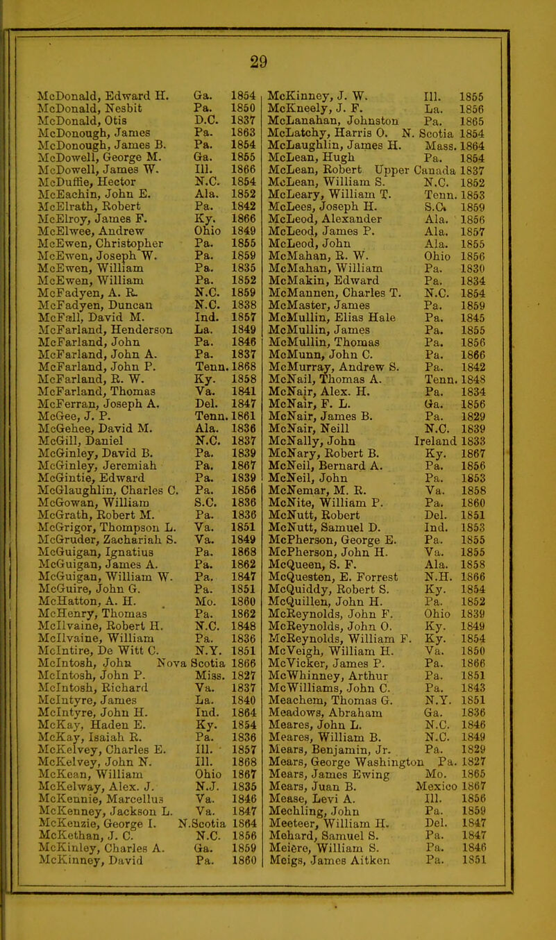 McDonald, Edward H. Ga. McDonald, Nesbit Pa. McDonald, Otis D.C. McDonough, James Pa. McDonough, James B. Pa. McDowell, George M. Ga. McDowell, James W. 111. McDuffie, Hector N.C McEachin, John E. Ala. McElrath, Robert Pa. McEIroy, James F. Ky. McElwee, Andrew Ohio McEwen, Christopher Pa. McEwen, Joseph W. Pa. McEwen, William Pa. McEwen, William Pa. McFadyen, A. R. N.C. McFadyen, Duncan N.C. McFall, David M. Ind. McFarland, Henderson La. McFarland, John Pa. McFarland, John A. Pa. McFarland, John P. Tenn. McFarland, R. W. Ky. McFarland, Thomas Va. McFerran, Joseph A. Del. McGee, J. P. Tenn. McGehee, David M. Ala. McGill, Daniel N.C. McGinley, David B. Pa. McGinley, Jeremiah Pa. McGintie, Edward Pa. McGlaughlin, Charles C. Pa. McGowan, William S.C. McGrath, Robert M. Pa. McGrigor, Thompson L. Va. McGruder, Zachariah S. Va. McGuigan, Ignatius Pa. McGuigan, James A. Pa. McGuigan, William W. Pa. McGuire, John G. Pa. McHatton, A. H. _ Mo. McHenry, Thomas ' Pa. Mcllvaine, Robert H. N.C. Mcllvaine, William Pa. Mclntire, De Witt C. N.Y. Mcintosh, John Nova Scotia Mcintosh, John P. Miss. Mcintosh, Richard Va. Mclutyre, James La. Mclntyre, John H. Ind. McKay, Haden E. Ky. McKay, Isaiah R. Pa. McKelvey, Charles E. 111. McKelvey, John N. 111. McKean, William Ohio McKelway, Alex. J. N.J. McKennie, Marcellus Va. McKenney, Jackson L. Va. McKeuzie, George I. N.Scotia McKethan, J. C. N.C. McKinloy, Charles A. Ga. McKinney, David Pa. 854 850 837 863 854 856 866 854 852 842 866 849 855 859 835 852 859 838 857 849 846 837 868 858 841 847 861 836 837 839 867 839 856 836 836 851 849 868 862 847 851 860 862 848 836 851 827 837 840 864 854 836 857 868 867 835 846 847 864 856 859 860 McKinney, J. W. 111. McKneely, J. F. La. McLanahan, Johnston Pa. McLatchy, Harris 0. N. Scotia McLaughlin, James H. Mass. McLean, Hugh Pa. McLean, Robert Upper Canada McLean, William S. N.C. McLeary, William T. Tonn. McLees, Joseph H. S.C» McLeod, Alexander Ala. McLeod> James P. Ala. McLeod, John Ala. McMahan, R. W. Ohio McMahan, William Pa. McMakin, Edward Pa. McMannen, Charles T. N.C. McMaster, James Pa. McMullin, Elias Hale Pa. McMuUin, James Pa. McMullin, Thomas Pa. McMunn, John C. Pa. McMurray, Andrew S. Pa. McNail, Thomas A. Tenn. McNair, Alex. H. Pa. McNair, F. L. Ga. McNair, James B. Pa. McNair, Neill N.C. McNally, John Ireland McNary, Robert B. Ky. McNeil, Bernard A. Pa. McNeil, John Pa. McNemar, M. R. Va. McNite, William P. Pa. McNutt, Robert Del. McNutt, Samuel D. Ind. McPherson, George E. Pa. McPherson, John H. Va. McQueen, S. F. Ala. McQuesten, E. Forrest N.H. McQuiddy, Robert S. Ky. McQuillen, John H. Pa. McReynolds, John F. Ohio McReynolds, John 0. Ky. McReynolds, William F. Ky. McVeigh, William H. Va. McVicker, James P. Pa. McWhinney, Arthur Pa. McWilliams, John C. Pa. Meachem, Thomas G. N.Y. Meadows, Abraham Ga. Meares, John L. N.C. Meares, William B. N.C Mears, Benjamin, Jr. Pa. Mears, George Washington Pa. Mears, James Ewing Mo. Mears, Juan B. Mexico Mease, Levi A. 111. Mechling, John Pa. Meeteer, William H. Del. Mehard, Samuel S. Pa. Meiero, William S. Pa. Meigs, James Aitkon Pa.