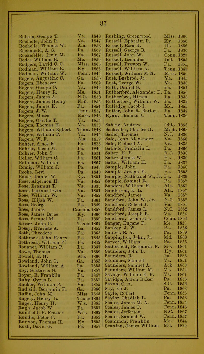 Robson, George T. Rochelle, John R. Rochelle. Thomas W. Rockafield, A. S. Rockefeller, Irvin M. Rodes, William R. Rodgers, David C. C. Rodman, William B. Rodman, William W. Rogers, Augustine C. Rogers, Ebenezer Rogers, George 0. Rogers, Henry R. Rogers, James A. Rogers, James Henry Rogers, James K. Rogers, J. W. Rogers, Moses Rogers, Orville T. Rogers, Thomas H. Rogers, William Egbert Rogers, William P. Rogers, W. F. Rohrer, Amos K. Rohrer, Jacob M. Rohrer, John S. Roller, William C. Rollman, William Romig, William J. Rooke, Levi Roper, Daniel W. Rose, Algernon H. Rose, Erasmus T. Rose, Latinus Irvin Rose, William W. Ross, Elijah W. Ross, George Ross, James Ross, James Brice Ross, Samuel M. Rosser, John C. Rossy, Evariste A. Roth, Theodore Rothrock, John Henry Rothrock, William P. Rouanet, William P. Rowe, Thomas Rowell, E. H. Rowland, John G. Rowland, William A. Roy, Gustavus G. Royer, B. Franklin Ruby, Cyrus B. Rucker, William P. Rudisill, Benjamin F. Ruffin, John *M. Rugely, Henry L. Ruger, Henry H. Rugh, Jacob W. Rumbold, F. Frazier Rundio, Peter C. Runyon, Thomas H. Va. 1848 Rushing, Greenwood Miss. 1860 Va. 1847 Russell, Ephraim P. Ky. 1866 Ala. 1853 Russell, Ezra R. Russell, George B. nr. 1866 Pa. 1869 Pa. 1836 Pa. 1867 Russell, John W. Conn. 1827 Mo. 1859 Russell, Leonidas Ind. 1855 Miss. 1866 Russell, Preston W. Russell, William A. Pa. 185L 1847 Ky. 1865 Tenn. Conn. 1844 Russell, William M'N, Miss. 1850 Ga. 1836 Rust, Bushrod, Jr. Va. 1845 Pa. 1862 Rust, George W. Va. 1846 Va. 1849 Ruth, Daniel G. Pa. 1857 Me. 1851 Rutherford, Alexander D. Pa. 1856 N.C. 1858 Rutherford, Hiram Pa. 1838 N.Y. 1855 Rutherford, William W. Pa. 1832 Pa. 1854 Rutledge, Jacob I. Md. 1855 Tenn. 1857 Rutter, John R. Barton Pa. 1847 Mass. 1846 Ryan, Thomas J. Tenn. 1836 Va. 1854 Va. 1850 Sabine, Andrew Ohio 1856 Tenn. 1848 Sackrider, Charles H. Mich. 1863 Va. 1845 Sailer, Thomas N.J. 1830 Ala. 1859 Sale, John Alexander Va. 1860 Pa. 1836 Sale, Richard A. Va. 1835 Pa. 1849 Sallade, Franklin L. Pa. 1866 Pa. 1831 Salter, H. B. N.J. 1838 Pa. 1861 Salter, James W. Pa. 1830 Pa. 1867 Salter, William H. Pa. 1837 Pa. 1845 Sample, John Sample, Joseph E. Pa. 1848 Pa. 1848 Pa. 1853 Ky. 1851 Sample, Nathaniel W., Ji*. Pa. 1839 Va. 1852 Sample, Samuel R. Pa. 1857 Va. 1835 Sanders, William H. Ala. 1861 Va. 1851 Sanderson, E. L. Ala. 1857 Va. 1852 Sandford, James Va. 1857 Pa. 1861 Sandford, John W., Jr. N.C. 1857 Pa. 1849 Sandford, Robert J. Va. 1851 Canada 1852 Sandford, James L. N.C. 1852 Ky. 1866 Sandford, Joseph B. Va. 1854 Pa. 1850 Sandford, Leonard J. Conn. 1854 Texas 1867 Sanger, Eugene F. Me. : 1853 La. 1852 Sankey, J. W. Pa. 1856 Pa. 1865 Santee, E. A. Sappington, John, Jr. Sarver, William Pa. 1869 Pa. 1845 Md. 1868 Pa. 1842 Pa. 1855 La. 1847 Satterfield, Benjamin F. Mo. 1861 Va. 1859 Saunders, John B. Ky. 1861 Ala. 1860 Saunders, R. Ga. 1836 Ga. 1853 Saunders, Samuel Va. 1851 Ga. 1855 Saunders, Samuel A. Ark. : I860 Va. 1857 Saunders, William M. Va. 1854 Pa. 1847 Savage, William E. F. Va. L861 Pa. 1851 Savidge, Aaron Raker Pa. ■ L856 Va. L855 Saxon, C. A. s.c. • 1856 Ga. I860 Say, Eli J. Pa. 1863 Miss. 1845 Sayle, Robert Saylor, Obadiah L. Tenn. 1856 Texas 1861 Pa. 1853 Wis. 1865 Scales, James M. A. Tenn. 1854 Pa. 1851 Scales, James T. Tenn.. 1846 Wis. 1862 Scales, Jefferson N.C. ■ 1867 Pa. 1852 Scales, Samuel W. Tenn. 1857 Ky. 1855 Scammon, Franklin Me. 1844 Md. ■ L829