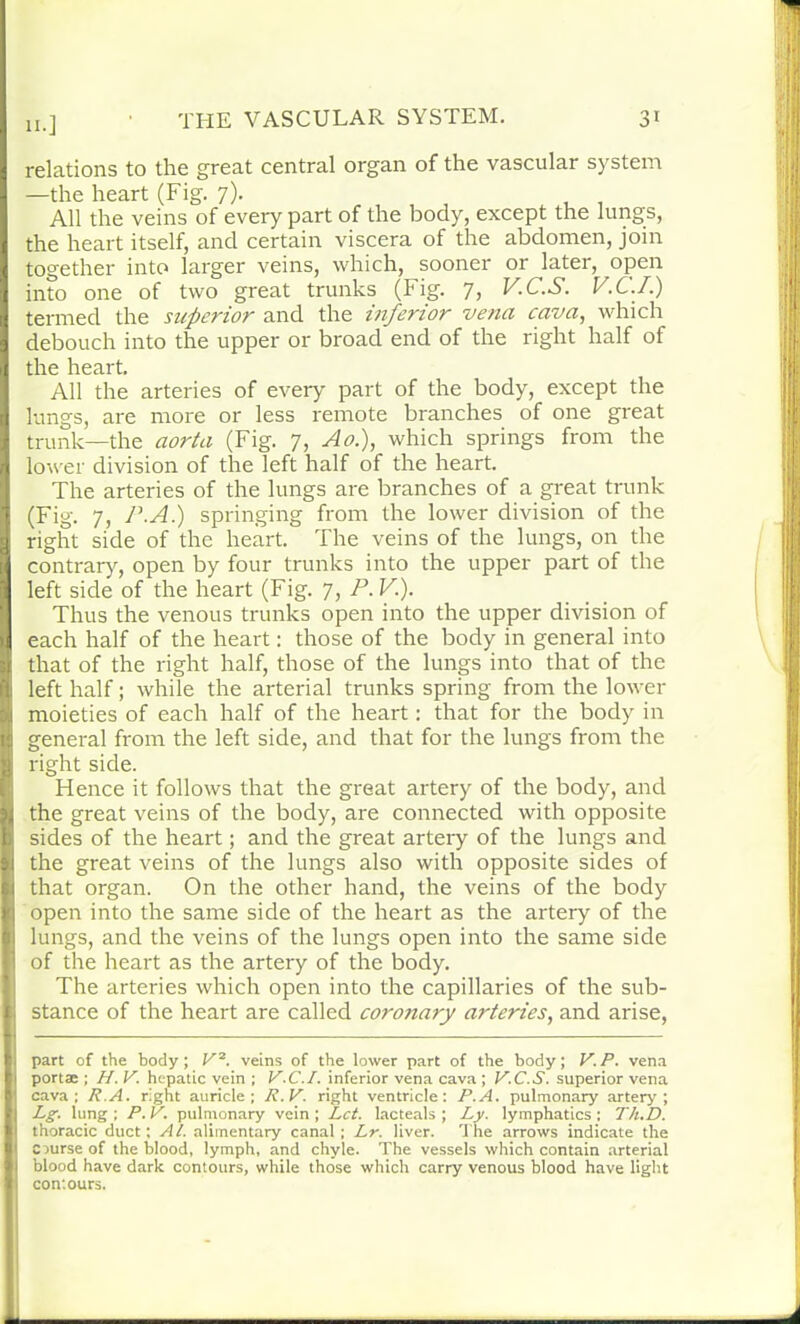 THE VASCULAR SYSTEM. 3* 1 relations to the great central organ of the vascular system —the heart (Fig. 7). All the veins of every part of the body, except the lungs, the heart itself, and certain viscera of the abdomen, join together into larger veins, which, sooner or later, open into one of two great trunks (Fig. 7, V.C.S. V.C.I.) termed the superior and the inferior vena cava, which debouch into the upper or broad end of the right half of the heart. All the arteries of every part of the body, except the lungs, are more or less remote branches of one great trunk—the aorta (Fig. 7, Ao.), which springs from the lower division of the left half of the heart. The arteries of the lungs are branches of a great trunk (Fig. 7, P.A) springing from the lower division of the right side of the heart. The veins of the lungs, on the contrary, open by four trunks into the upper part of the left side of the heart (Fig. 7, P. V.). Thus the venous trunks open into the upper division of each half of the heart: those of the body in general into that of the right half, those of the lungs into that of the left half; while the arterial trunks spring from the lower moieties of each half of the heart: that for the body in general from the left side, and that for the lungs from the right side. Hence it follows that the great artery of the body, and the great veins of the body, are connected with opposite sides of the heart; and the great artery of the lungs and the great veins of the lungs also with opposite sides of that organ. On the other hand, the veins of the body open into the same side of the heart as the artery of the lungs, and the veins of the lungs open into the same side of the heart as the artery of the body. The arteries which open into the capillaries of the sub- stance of the heart are called coronary arteries, and arise, part of the body; V2. veins of the lower part of the body; V. P. vena j portae ; H. V. hepatic vein ; V.C.I. inferior vena cava ; V.C.S. superior vena i cava; R.A. right auricle; R.V. right ventricle; P.A. pulmonary artery ; ' Lg. lung ; P. V. pulmonary vein ; Let. lacteals ; Ly. lymphatics : Th.D. thoracic duct ; At. alimentary canal ; Lr. liver. The arrows indicate the Ctmrse of the blood, lymph, and chyle. The vessels which contain arterial blood have dark contours, while those which carry venous blood have light ' contours.