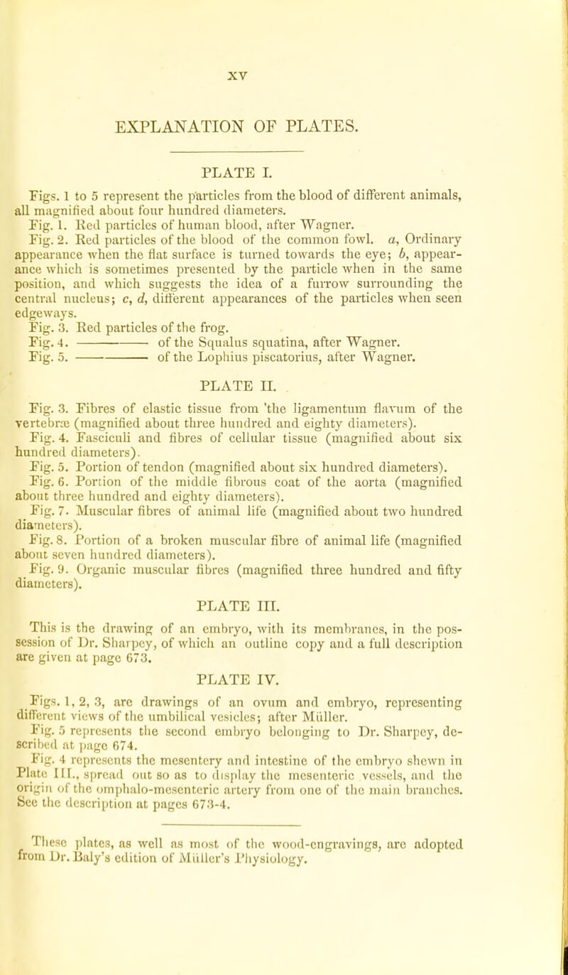 EXPLANATION OF PLATES. PLATE I. Tigs. 1 to 5 represent the particles from the blood of different animals, all magnified about four hundred diameters. Pig. 1. Ked particles of human blood, after Wagner. Fig. 2. Red particles of the blood of the common fowl, a, Ordinary appearance when the flat surface is turned towards the eye; b, appear- ance which is sometimes presented by the particle when in the same position, and which suggests the idea of a furrow surrounding the central nucleus; c, rf, ditferent appearances of the particles when seen edgeways. Pig. 3. Red particles of the frog. Pig. 4. of the Squalus squatina, after Wagner. Pig. 5. of the Lophius piscatorius, after Wagner. PLATE IL Pig. 3. Fibres of elastic tissue from 'the ligamentum flavum of the vertebras (magnified about three hundred and eighty diameters). Fig. 4. Fasciculi and fibres of cellular tissue (magnified about six hundred diameters). Pig. 5. Portion of tendon (magnified about six hundred diameters). Pig. 6. Portion of the middle fibrous coat of the aorta (magnified about three hundred and eighty diameters). Pig. 7. Muscular fibres of animal life (magnified about two hundred diameters). Pig. 8. Portion of a broken muscular fibre of animal life (magnified about seven hundred diameters). Pig. 9. Organic muscular fibres (magnified three hundred and fifty diameters). PLATE in. This is the drawing of an embryo, with its membranes, in the pos- session of Dr. Sharpcy, of which an outline copy and a full description are given at page 673. PLATE IV. Figs. 1,2, 3, are drawings of an ovum and embryo, representing different views of the umbilical vesicles; after Miiller. Pig. 5 repicsents tiie second embi-yo belonging to Dr. Sharpey, de- scribed at page 674. Pig. 4 represents the mesentery and intestine of the embryo shewn in Plate nr., spread out so as to display the mesenteric vessels, and the origin of the ornphalo-mcsentcric artery from one of the main branches. See the description at pages 673-4. These plates, as well as most of tlic wood-engravings, arc adopted from Dr. Baly's edition of Miillcr's Physiology.
