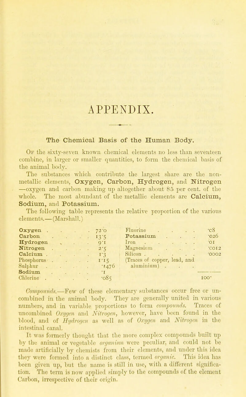 APPENDIX. The Chemical Basis of the Human Body. Of tlie sixty-seven known chemical elements no less than seventeen combine, in larger or smaller quantities, to form the chemical basis of the animal body. The substances wliich contriljute the largest share are tlie non- metallic elements. Oxygen, Carbon, Hydrogen, and Nitrogen —oxygen and carbon making np altogetlier about 85 per cent, of the whole. The most abundant of the metallic elements are Calcium, Sodium, and Potassium. The following table represents the relative proportion of the various elements.—(Marshall.) Oxygren . 72'O Fluorine . . . . ■c8 Carbon • • 13-5 Potassium •026 Hydrogren , 9-1 Iron . . ... •01 Nitrogen • ■ 2-S Magnesium •CO 12 Calcium . Silicon . . ... ■0002 Phosphorus . . i-is (Traces of copper, lead, and Sulphur ■'4/6 aluminium) . Sodium Chlorine . •085 IOC Compounds.—Few of these elementary substances occur free or un- combined in the animal body. They are generally united in various numbers, and in variable proportions to form conqwunds. Traces of uncombined Oxycjcn and Nitroficn, however, have been found in the blood, and of Hydror/cn as well as of Oxycjcn and Nitrogm in the intestinal canal. It was formerly thought that the more complex compounds built up by the animal or vegetable on/anism were peculiar, and could not be made artificially by chemists from their elements, and under tins idea they were fonned into a distinct class, termed organic. This idea has been given up, but the name is still in use, with a difi'crent signilioa- tion. The term is now applied simply to the compounds of the element Carbon, irrespective of their origin.