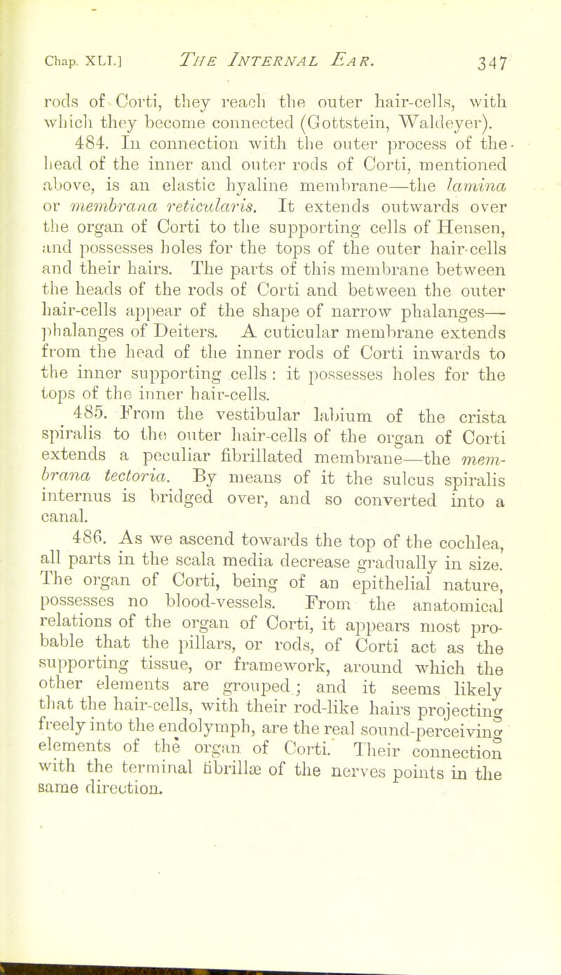 rods of Corti, they reach the outer hair-celLs, with whicli they become connected (Gottstein, Wakleyer). 484. lu connection with the outer process of the- head of the inner and outer rods of Corti, mentioned above, is an elastic hyaline membrane—the lamina or memhrana reticularis. It extends outwards over the organ of Corti to the supporting cells of Hensen, and possesses holes for the tops of the outer hair-cells and their hairs. The pai'ts of this membrane between the heads of the rods of Corti and between the outer hair-cells appear of the shape of nai-row phalanges— ]ihalanges of Deiters. A cuticular membrane extends from the head of the inner rods of Corti inwards to the inner supporting cells : it possesses holes for the tops of the inner hair-cells. 485. From the vestibular hdnum of the crista spiralis to the outer hair-cells of the organ of Corti extends a peculiar fibrillated membrane—the r)iem- brana tectoria. By means of it the sulcus spiralis internus is bridged over, and so converted into a canal. 486. As we ascend towards the top of the cochlea, all parts in the scala media decrease gradually in size. The organ of Corti, being of an epithelial nature, possesses no blood-vessels. From the anatomical relations of the organ of Corti, it appears most pro- bable that the i)illars, or rods, of Corti act as the supporting tissue, or framework, around which the other elements are grouped.; and it seems likely that the hair-cells, with their rod-like hairs projecting freely into the endolymph, are the real sound-perceivin* elements of the organ of Corti.' Iheir connectioS with the terminal tibrillse of the nerves points in the same direction.