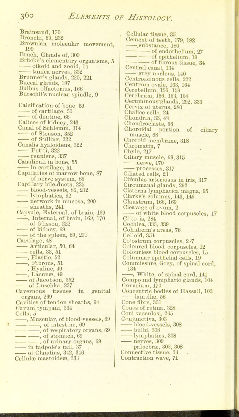 Brainsand, 170 Bronclii, 69, 232 Browniaa molecular movement, 199 Bruch, Glands of, 303 Brticke's elemeutary organisms, 5 oikoid and zooid, 14 tunica nervej, 332 Brunner's glands, 220, 221 Buccal glands, 197 Bulbus olt'actorius, 166 BiitscMi's nuclear spindle, 9 Calcification of bone, 59 of cartilage, 50 of dentine, 66 Calices of kidney, 243 Canal of Schlemm, 314 of Stenson, 352 of Stilling, 322 Canalis hyaloideus, 323 Petiti, 322 reuniens, 337 Canaliculi in bone, .55 in cartilage, 51 Capillaries of marrow-bone, 87 of nerve system, 86 Capillary bile-ducts, 225 blood-vessels, 86, 212 lympbatics, 92 network in mucosa, 200 sheaths, 241 Capsule, External, of brain, 169 , Internal, of brain, 169, 170 of Glisson, 222 of kidney, 69 of the spleen, 69, 233 Cariilage, 48 Articular, 50, 64 cells, 33, 51 , Elastic, 52 , Fibrous, 51 , Hyaline, 49 , Lacunae, 49 of Jacobson, 352 of Luschka, 227 Cavernous tissues in genital organs, 269 Cavities of tendon sheaths, 94 Cavum tympaui, 334 Cells, 5 , Muscular, of blood-vessels, 69 , of intestine, 69 , of respiratory organs, 69 , of stomach, 69 , of urinary organs, 69 in tadpole's tail, 37 of Claudius, 342, 316 CelluloB mastoideoB, 331 Cellular tissue, 35 Cement of teeth, 179, 182 .subslaiice, 180 of endothelium, 27 of epithelium, 19 of fibrous tissue, 34 Central cnnal, 134 grey nucleus, 140 Ceutroiicinous cells, 222 Centrum ovale, 163, 164 Cerebellum, 156, 159 Cerebrum, 156, 163, 164 Ceruminous-glauds, 292. 333 Cervix of uterus, 280 Chalice cell*, 24 Chondnn, 33, 4S Choudroclasts, 66 Choroidal portion of ciliary muscle, 68 Choroid membrane, 318 Chromatin, 7 Cbyle, 217 Ciliary muscle, 69, 315 ner.ve, 170 processes, 317 Ciliated cells, 23 Circulus arteriosus in iris, 317 Circumanal glands, 292 Cisterna lymjihatica magna, 95 Clarke's cohimns, 143, 146 Claustrum, 166, 169 Cleavage of ovvun, 2 of white blood corpuscles, 17 Clito is, 284 Cochlea, 335, 339 Cohnheim's areas, 76 CoUoid, 354 Co ostrum corpuscles, 2^7 Coloured blood corpuscles, 12 Colourless blood corpuscles, 15 Columnar epithelial cells, 19 Commissure, Grey, of spinal cord, 134 , White, of spinal cord, 141 Compoimd lymphatic glands, 104 Conarium, 170 Concentric bodies of Hassall, 103 lam^llBB, 66 Cone fibre, 331 Cones of retina, 328 Coni vasculosi, 205 Coujuuctiva, 303 blood-vessels, 308 bulbi. 308 lymphatics, 308 nerves, 309 palpebraj, 303, 308 Connective tissue, 3J Contraction wave, 71