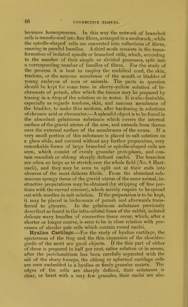 becomes homogeneous. In this way the network of branched cells is transformed into fine fibres, arranged in ameshwork; while the spindle-shaped cells are converted into collections of fibres, running in parallel bundles. A third mode consists in the trans- formation of isolated spindle or branched cells, which, according to the nmnber of their simple or divided processes, split into a corresponding number of bundles of fibres. For the study of the process it is best to employ the umbilical cord, the skin, tendons, or the mucous membrane of the mouth or bladder of young embryos of man or animals. The parts in question should be kept for some time in sherry-yellow solution of bi- chromate of potash, after which the tissues may be prepared by teasing in a drop of the solution or in water. It is also desirable, especially as regards tendons, skin, and mucous membrane of the bladder, to make thin sections, after hardening in solutions of chromic acid or chromates.—A splendid object is to be found in the abundant gelatinous substance which covers the internal surface of the gravid uterus of the sow, and extends from thence over the external surface of the membranes of the ovum. If a very small portion of this substance is placed in salt solution on a glass slide, and covered without any further preparation, very remarkable forms of large branched or spindle-shaped cells are seen, which consist of evenly granular protoplasm, and con- tain roundish or oblong sharply defined nuclei. The branches are often so large as to stretch over the whole field (No. 8 Hart- nack), and they may be seen to split out at their ends into sheaves of the most deHcate fibrils. From the abundant sub- mucous spongy tissue of the gravid uterus of the same animal, in- structive preparations may be obtained (by stripping off fine por- tions with the curved scissors), which merely require to bespread out with needles in salt solution. If the preparation is to be kept, it may be placed in bichromate of potash and afterwards trans- ferred to glycerin. In the gelatinous substance previously described as found in the infra-orbital fossa of the rabbit, isolated delicate wavy bundles of connective tissue occur, which, after a shorter or longer course, is seen to be in close relation with pro- cesses of slender pale cells which contain round nuclei. Hyaline Cartilage.—Foi- the study of hyaUne cartilage, the episternum of the frog and the thin expansion of the shoulder- girdle of the newt are good objects. If the thin part of either of these is prepared in half per cent. saUne solution or in serum, after the perichondrium has been carefully separated with the aid of the sharp forceps, the oblong or spherical cartilage cells are seen embedded in a hyaline or finely granular matrix. The edges of the cells are sharply defined, their substance is clear, or beset with a very few granules, their nuclei are also