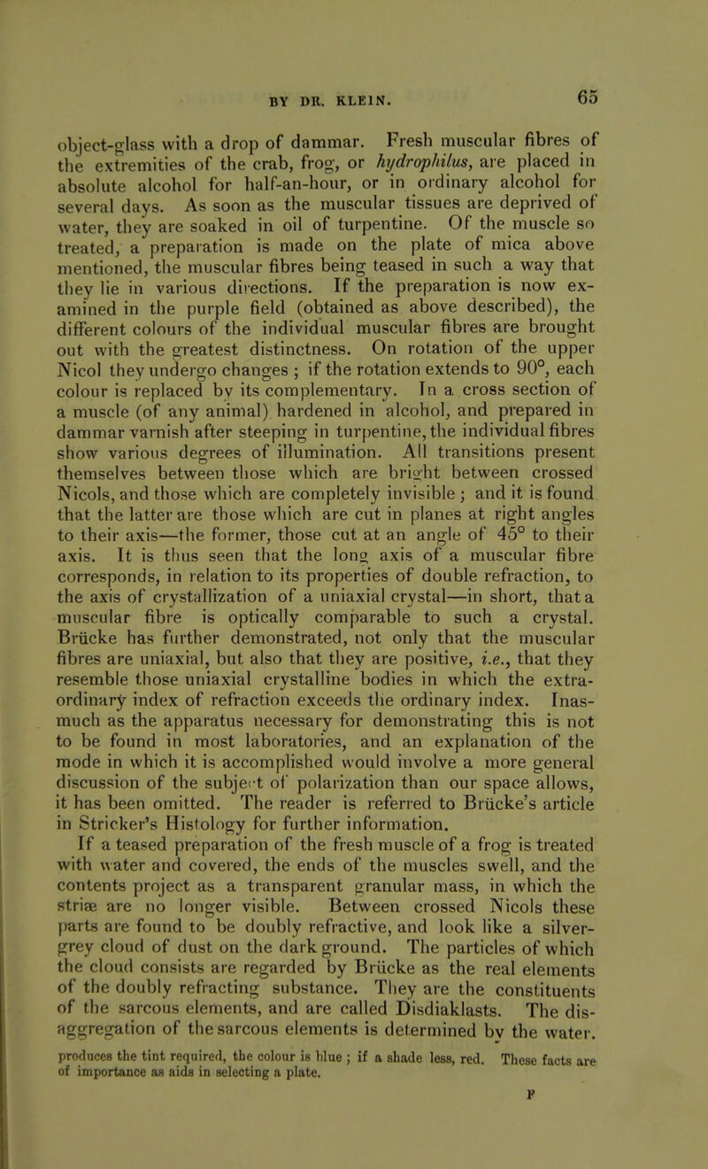 object-glass with a drop of dammar. Fresh muscular fibres of the extremities of the crab, frog, or hijdrophiius, are placed in absolute alcohol for half-an-hour, or in ordinary alcohol for several days. As soon as the muscular tissues are deprived of water, they are soaked in oil of turpentine. Of the muscle so treated, a preparation is made on the plate of mica above mentioned, the muscular fibres being teased in such a way that they lie in various directions. If the preparation is now ex- amined in the purple field (obtained as above described), the different colours of the individual muscular fibres are brought out with the greatest distinctness. On rotation of the upper Nicol they undergo changes ; if the rotation extends to 90°, each colour is replaced by its complementary. In a cross section of a muscle (of any animal) hardened in alcohol, and prepared in dammar varnish after steeping in turpentine, the individual fibres show various degrees of illumination. All transitions present themselves between those which are brioht between crossed Nicols, and those which are completely invisible ; and it is found that the latter are those which are cut in planes at right angles to their axis—the former, those cut at an angle of 45° to their axis. It is thus seen that the long axis of a muscular fibre corresponds, in relation to its properties of double refraction, to the axis of crystallization of a uniaxial crystal—in short, that a muscular fibre is optically comparable to such a crystal. Briicke has further demonstrated, not only that the muscular fibres are uniaxial, but also that they are positive, i.e., that they resemble those uniaxial crystalline bodies in which the extra- ordinary index of refraction exceeds the ordinary index. Inas- much as the apparatus necessary for demonstrating this is not to be found in most laboratories, and an explanation of the mode in which it is accomplished would involve a more general discussion of the subjei-t of polarization than our space allows, it has been omitted. The reader is referred to Briicke's article in Strieker's Histology for further information. If a teased preparation of the fresh muscle of a frog is treated with water and covered, the ends of the muscles swell, and the contents project as a transparent granular mass, in which the striae are no longer visible. Between crossed Nicols these parts are found to be doubly refractive, and look like a silver- grey cloud of dust on the dark ground. The particles of which the cloud consists are regarded by Briicke as the real elements of the doubly refracting substance. They are the constituents of the sarcous elements, and are called Disdiaklasts. The dis- aggregation of the sarcous elements is determined by the water. prodnces the tint required, the colour is blue ; if a shade less, red. These facts are of importance as aids in selecting a plate. P