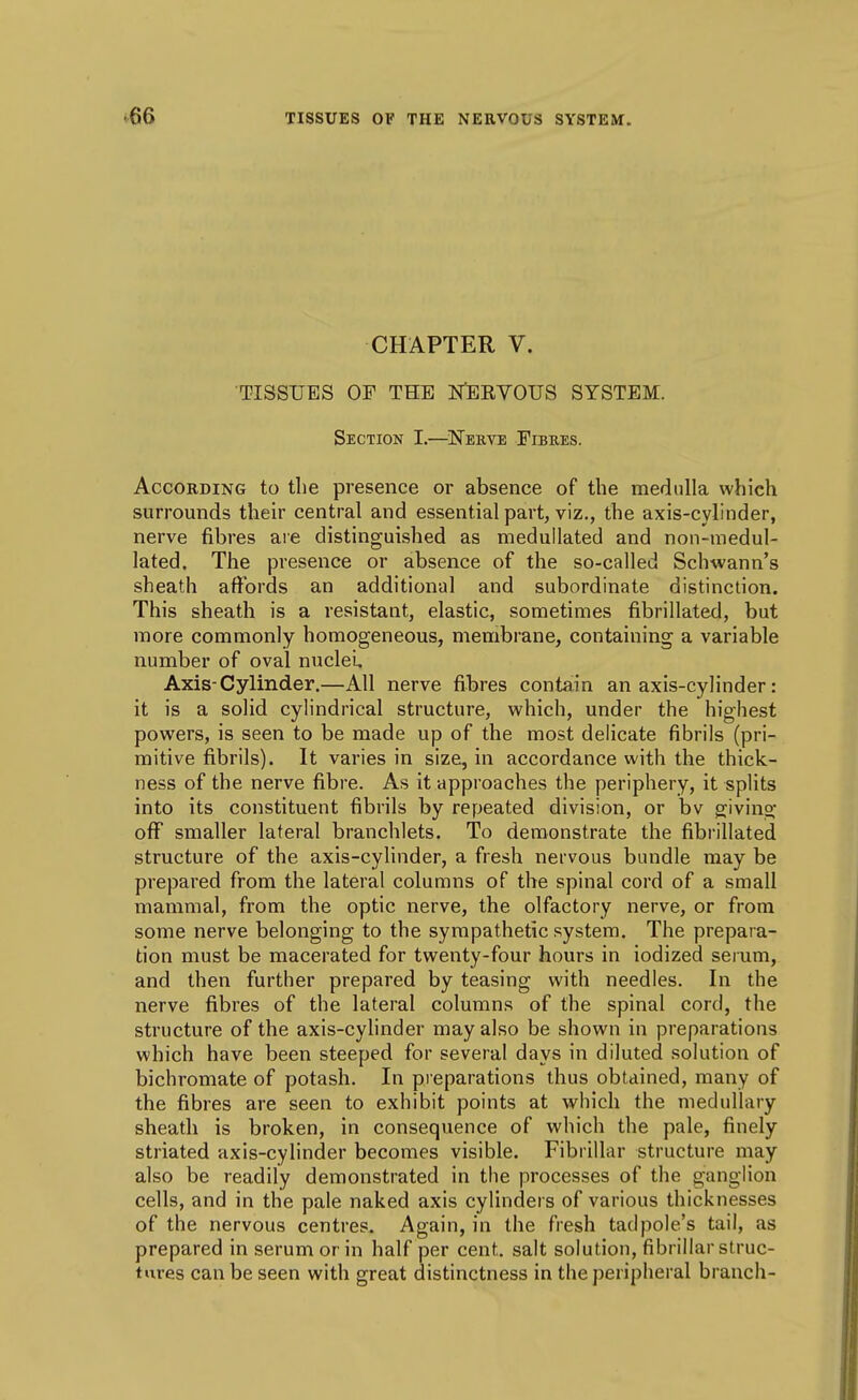 CHAPTER V. TISSUES OF THE ISTEEYOUS SYSTEM. Section I.—^Nerve Fibres. According to the presence or absence of the medulla which surrounds their central and essential part, viz., the axis-cylinder, nerve fibres are distinguished as medullated and non-medul- lated. The presence or absence of the so-called Schwann's sheath affords an additional and subordinate distinction. This sheath is a resistant, elastic, sometimes fibrillated, but more commonly homogeneous, membrane, containing a variable number of oval nuclei Axis-Cylinder.—All nerve fibres contain an axis-cylinder: it is a solid cylindrical structure, which, under the highest powers, is seen to be made up of the most delicate fibrils (pri- mitive fibrils). It varies in size, in accordance with the thick- ness of the nerve fibre. As it approaches the periphery, it splits into its constituent fibrils by repeated division, or bv giving off smaller lateral branchlets. To demonstrate the fibrillated structure of the axis-cylinder, a fresh nervous bundle may be prepared from the lateral columns of the spinal cord of a small mammal, from the optic nerve, the olfactory nerve, or from some nerve belonging to the sympathetic system. The prepara- tion must be macerated for twenty-four hours in iodized serum, and then further prepared by teasing with needles. In the nerve fibres of the lateral columns of the spinal cord, the structure of the axis-cylinder may also be shown in preparations which have been steeped for several days in diluted solution of bichromate of potash. In preparations thus obtained, many of the fibres are seen to exhibit points at which the medullary sheath is broken, in consequence of which the pale, finely striated axis-cylinder becomes visible. Fibrillar structure may also be readily demonstrated in the processes of the ganglion cells, and in the pale naked axis cylinders of various thicknesses of the nervous centres. Again, in the fresh tadpole's tail, as prepared in serum or in half per cent, salt solution, fibrillar struc- tures can be seen with great distinctness in the peripheral branch-