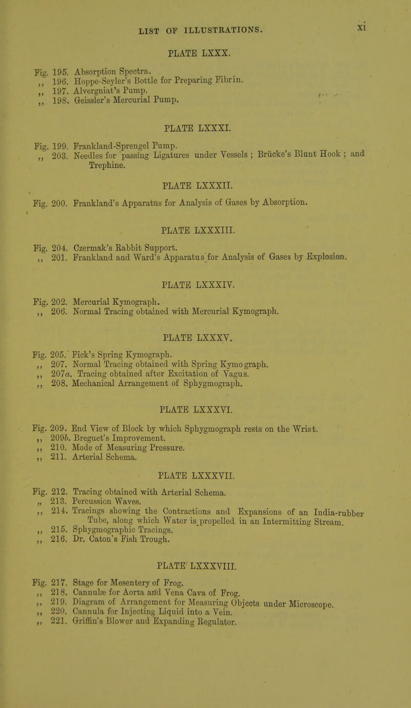 PLATE LXXX. Fig. 195. Absorption Spectra. 196. Hoppe-Seyler's Bottle for Preparing Fibrin. 197. Alvergniat's Pump. ,, 198. Geissler's Mercurial Pump. PLATE LXXXL Fig. 199. Frankland-Sprengel Pump. ,, 203. Needles for passing Ligatui-es under Vessels ; Brucke's Blunt Hook ; and Trephine. PLATE LXXXII. Fig. 200. Frankland's Apparatus for Analysis of Gases by Absorption. PLATE LXXXIII. Fig. 204. Czermak's Rabbit Support. 201. Frankland and Ward's Apparatus'for Analysis of Gases by Explosion. PLATE LXXXIV. Fig. 202. Mercurial Kymograph. 206. Normal Tracing obtained with Mercurial Kymograph. PLATE LXXXY. Fig. 205. Pick's Spring Kymograph. ,, 207. Normal Tracing obtained with Spring Kymo graph. ,, 207a. Tracing obtained after Excitation of Vagus. ,, 208. Mechanical Ai-rangement of Sphygmograph. PLATE LXXXVI. Fig. 209. End View of Block by which Sphygmograph rests on the Wrist. 2096. Breguet's Improvement. ,, 210. Mode of Measuring Pressure. 211. Arterial Schema. PLATE LXXXVIL Fig. 212. Tracing obtained with Arterial Schema. „ 213. Percussion Waves. ,, 214. Tracings showing the Contractions and Expansions of an India-rubber Tube, along which Water is,propelled in an Intermitting Stream. ,, 215. Sphygmographic Tracings. „ 216. Dr. Caton's Fish Trough. PLATE LXXXVIII. Fig. 217. Stage for Mesentery of Frog. ,, 218. Cannula; for Aorta and Vena Cava of Frog. 219. Diagram of Arrangement for Measuring Objects under Microscope. 220. Cannula for Injecting Liquid into a Vein. 221. Griffin's Blower and Exinvndiug Regulator.